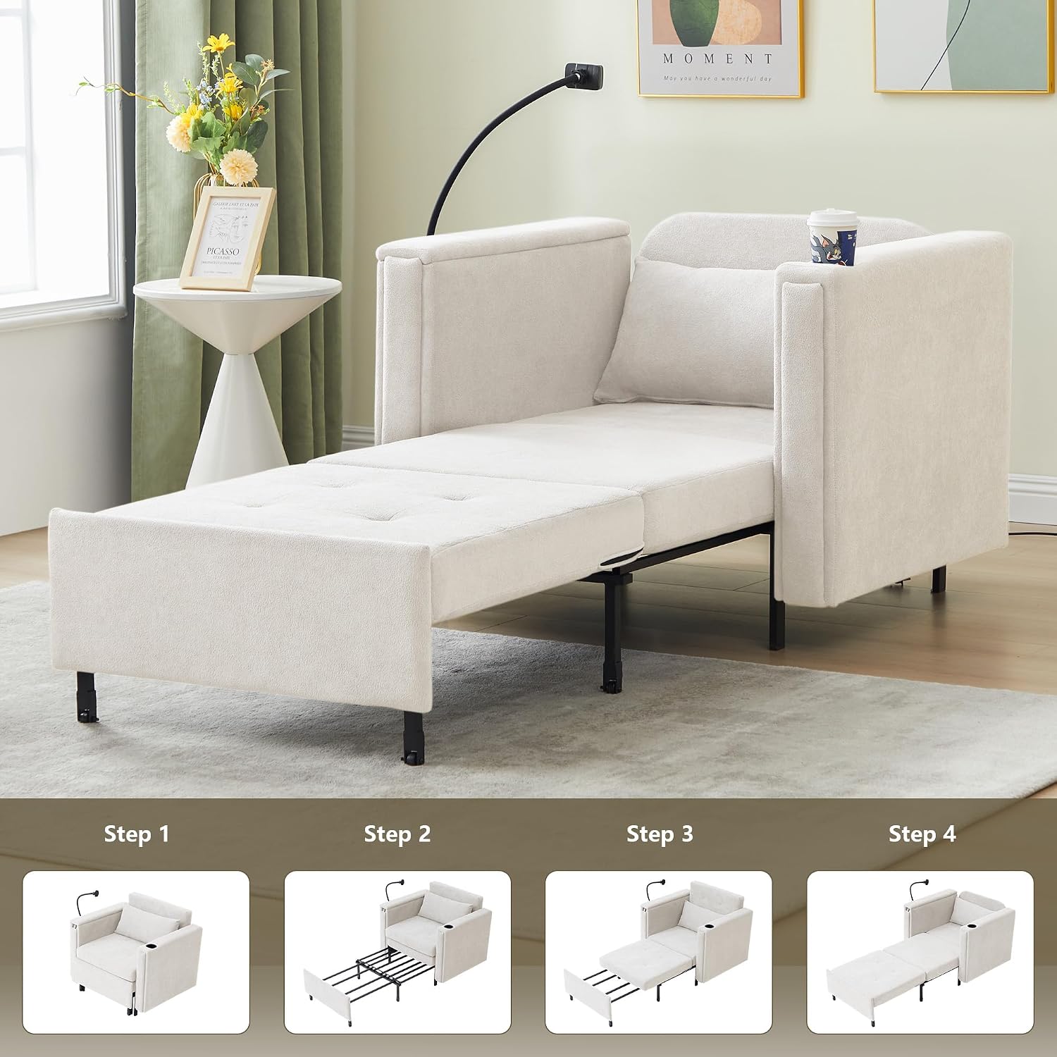 LEVNARY 3-in-1 Convertible Chair Pull Out Bed, Single Sofa Chair Sleeper for Adults with Hidden Side Table, Modern Chenille Fabric Armchair for Bedroom Dorm Home Office (Beige)