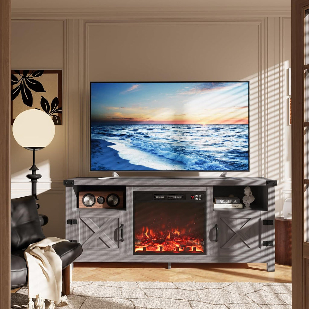 Furmax Entertainment Center with Fireplace, Fireplace TV Stand with Storage Cabinets and 2 Open Shelves, Modern Media TV Console for Living Room (Light Grey)