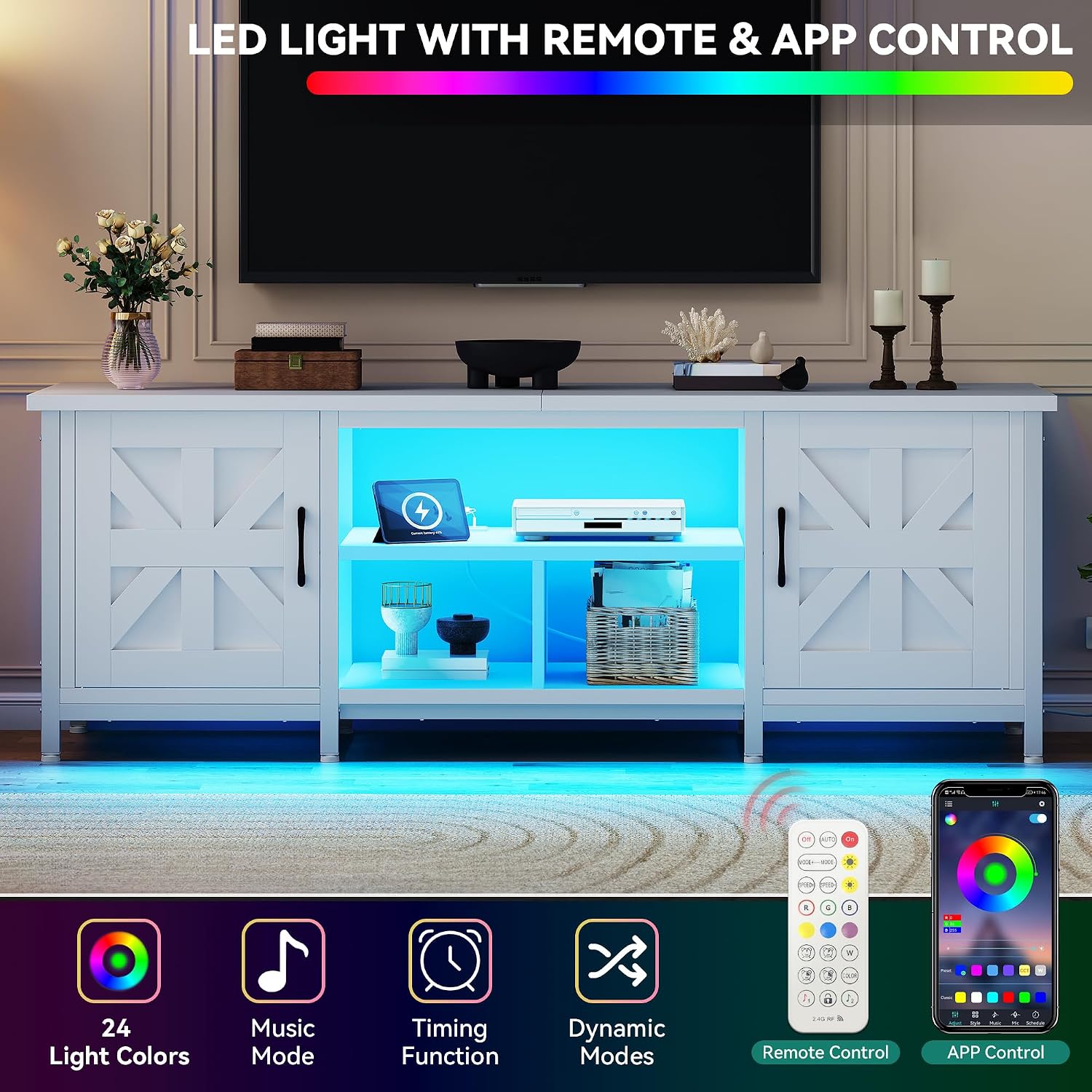 YITAHOME TV Stand with LED Lights & Charging Station, Farmhouse Entertainment Center with Storage Cabinets & Shelves, Cross-Pattern Doors, Fits TVs up to 70'', TV Consoles for Living Room, White