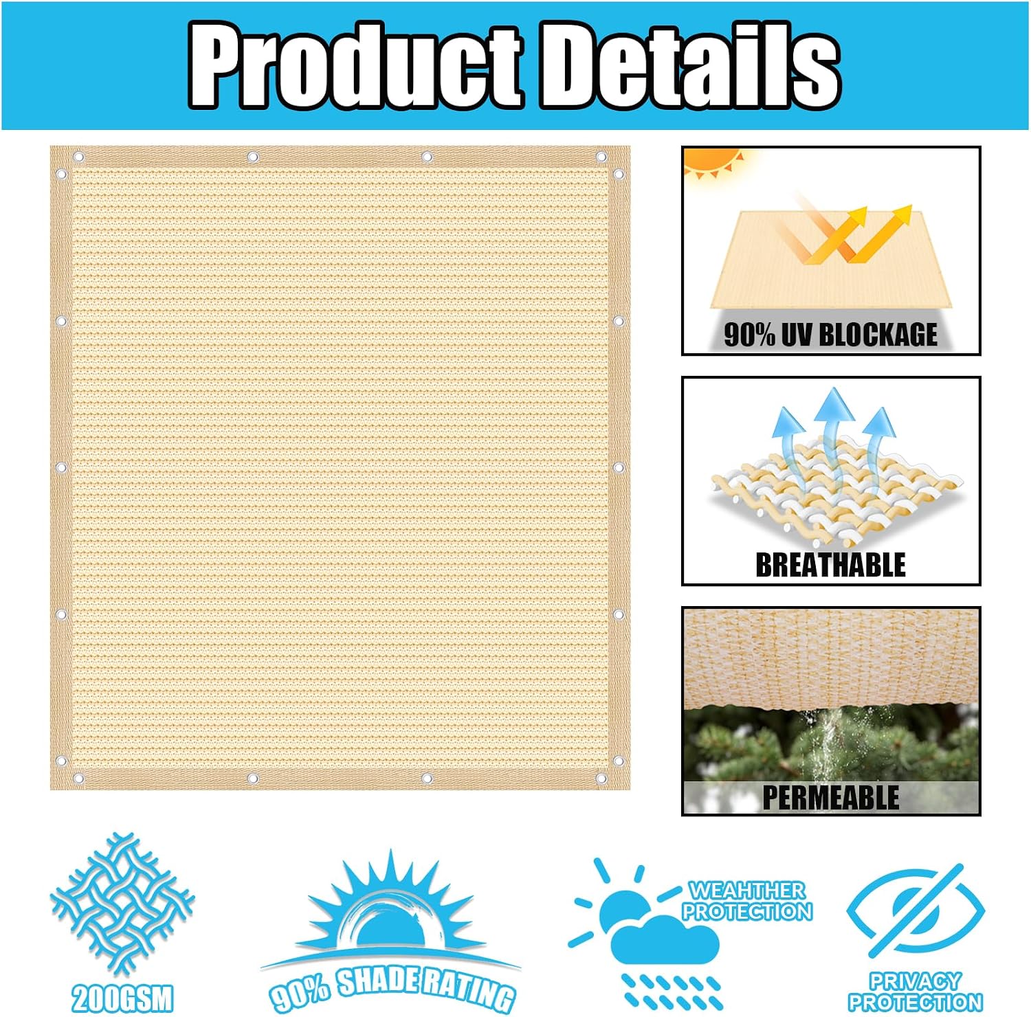 Amagenix 90% Pergola Shade Cover 12' X 24' Sun Shade Cloth with Grommets for Outdoor Garden Patio Porch, Commercial Grade 200 GSM - Cable Zip Ties Included (We Customized) GN108, Wheat
