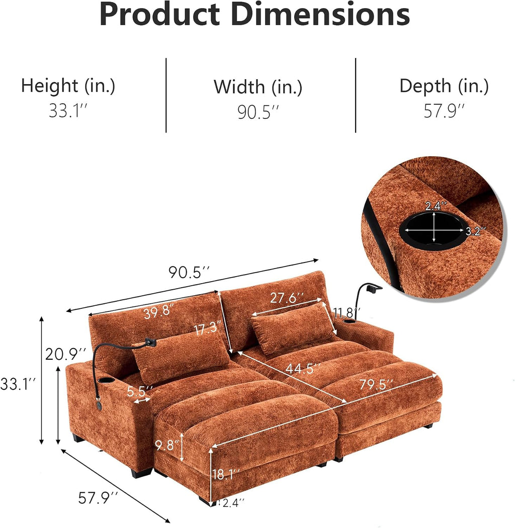 Yoglad Oversized Recliner Lounge Chair Set of 2 with USB Charging & Phone Holder - 400lb Heavy Duty Soft Chenille Reading Chair for Adults, Perfect for Small Spaces in Bedroom/Living Room, Orange