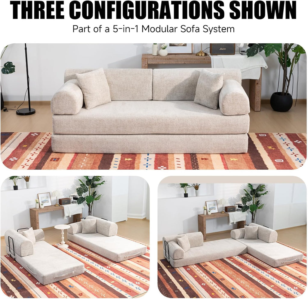 78.8' Memory Foam Boneless Couch, Corduroy Floor Sofa Bed, Convertible Sleeper Futon Loveseat, Wide Armrests & Back Support, Supports Up to 1200 lbs, Couch in a Box with 2 Pillows, Light Camel