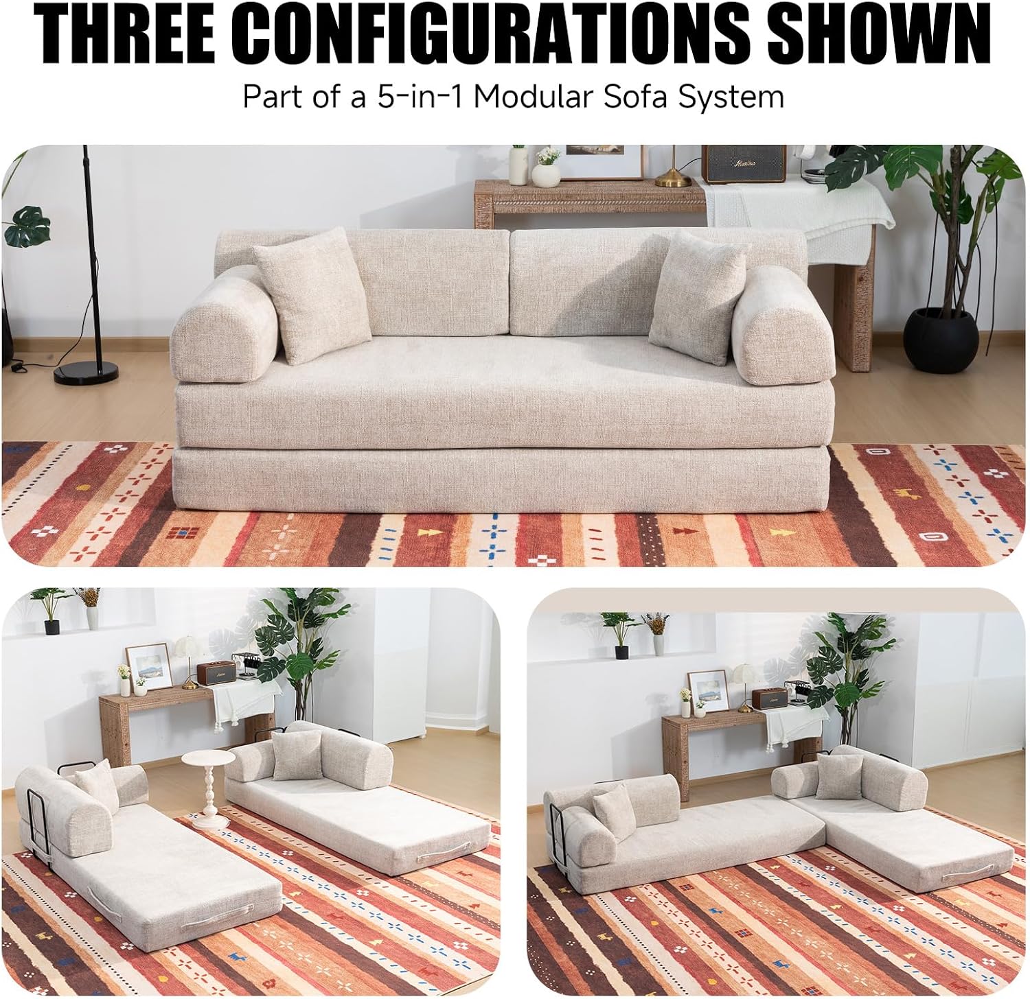 78.8' Memory Foam Boneless Couch, Corduroy Floor Sofa Bed, Convertible Sleeper Futon Loveseat, Wide Armrests & Back Support, Supports Up to 1200 lbs, Couch in a Box with 2 Pillows, Light Camel