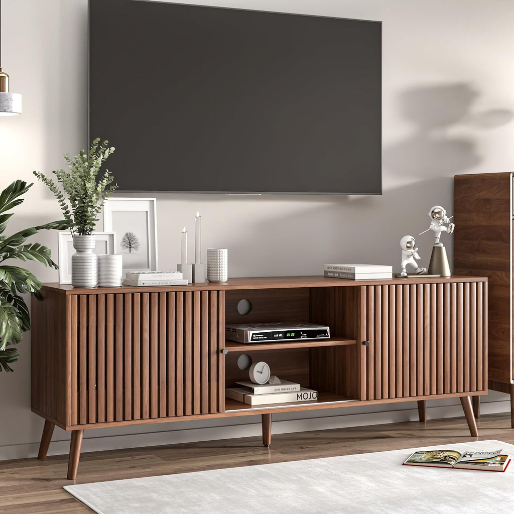 Oubayajia Mid Century Modern TV Stand for Televisions up to 70 Inches, with Sliding Doors and Storage, Television Stands, TV Consoles, Media Consoles for Living Room, 63 Inch (Walnut)