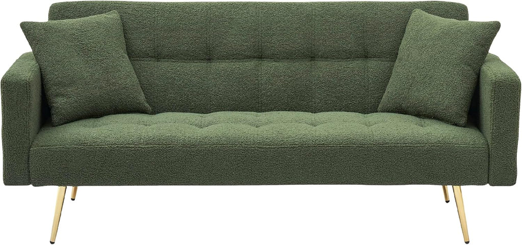 KEIKI 72' Folding Futon Sofa Couch w/Adjustable Backrest, Mid Century Modern Loveseat Convertible to Sleeper Bed, Small Comfy Teddy Cloud Couch SofaBed for Living Room & Bedroom, 2 Pillows, Green