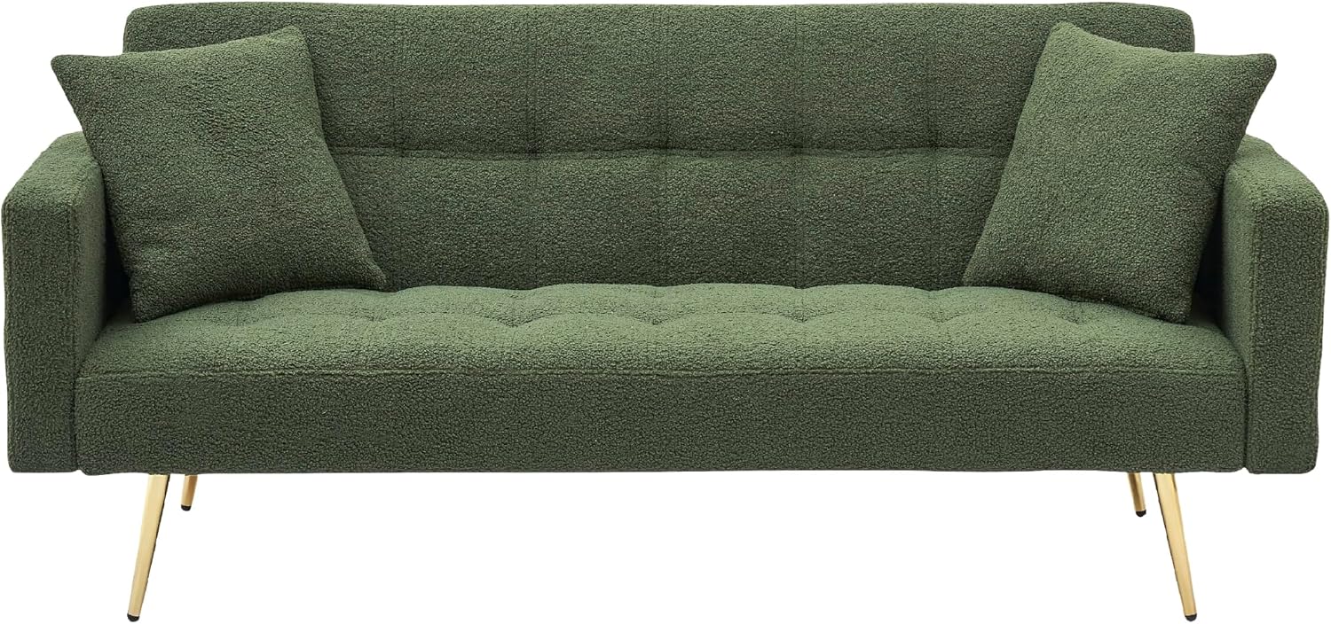 KEIKI 72' Folding Futon Sofa Couch w/Adjustable Backrest, Mid Century Modern Loveseat Convertible to Sleeper Bed, Small Comfy Teddy Cloud Couch SofaBed for Living Room & Bedroom, 2 Pillows, Green