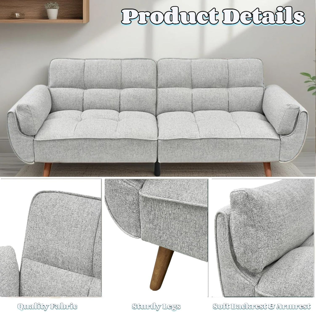 Convertible Futon Sofa Bed, Modern Futon Couch with 2 Pillows, Small Futons Couch with Adjustable Armrest & Backrest, Loveseat Sofa Bed for Living Room, Bedroom, Gray