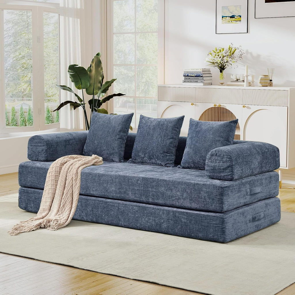 Deolme 3 in 1 Convertible Futon Sofa Bed, Modern King Size Chenille Loveseat Sleeper Sofa Folding, 3-Seater Foldable Lounger Couch Bed for Living Room, Bedroom Guest Room (Blue, 3 Throw Pillows)