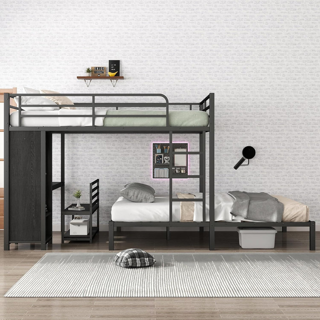 Bellemave Queen bunk Bed, Queen loft Bed with Desk and Shelves and Wardrobe, Black
