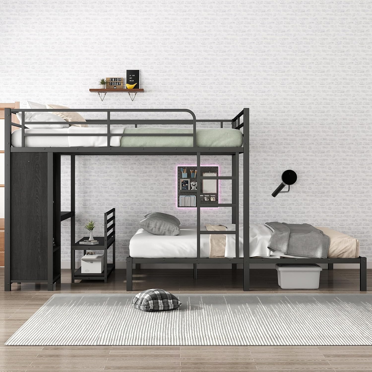 Bellemave Queen bunk Bed, Queen loft Bed with Desk and Shelves and Wardrobe, Black