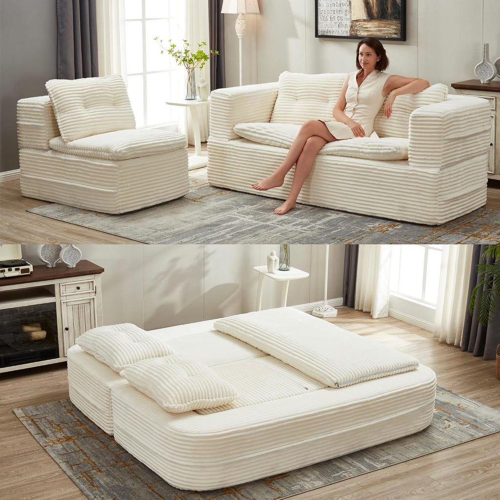 80'' Futon Sofa Bed, King Size Foldable Sleeper Sofa, Corduroy Boneless Loveseat Couch with Chaise Lounge, 3 Pillows, Blanket, Upholstered Sectional Couches for Living Room, Bedroom, Beige