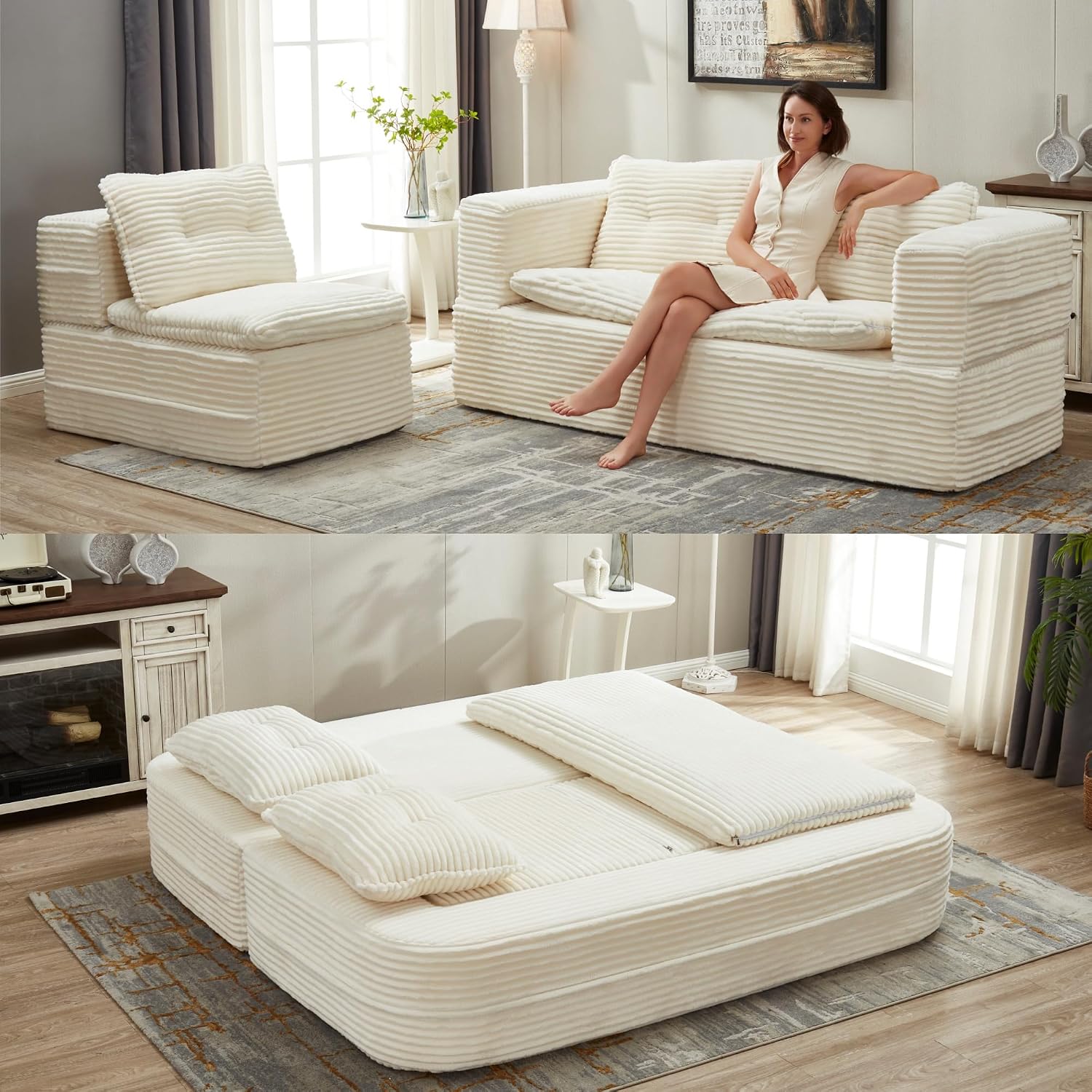 80'' Futon Sofa Bed, King Size Foldable Sleeper Sofa, Corduroy Boneless Loveseat Couch with Chaise Lounge, 3 Pillows, Blanket, Upholstered Sectional Couches for Living Room, Bedroom, Beige