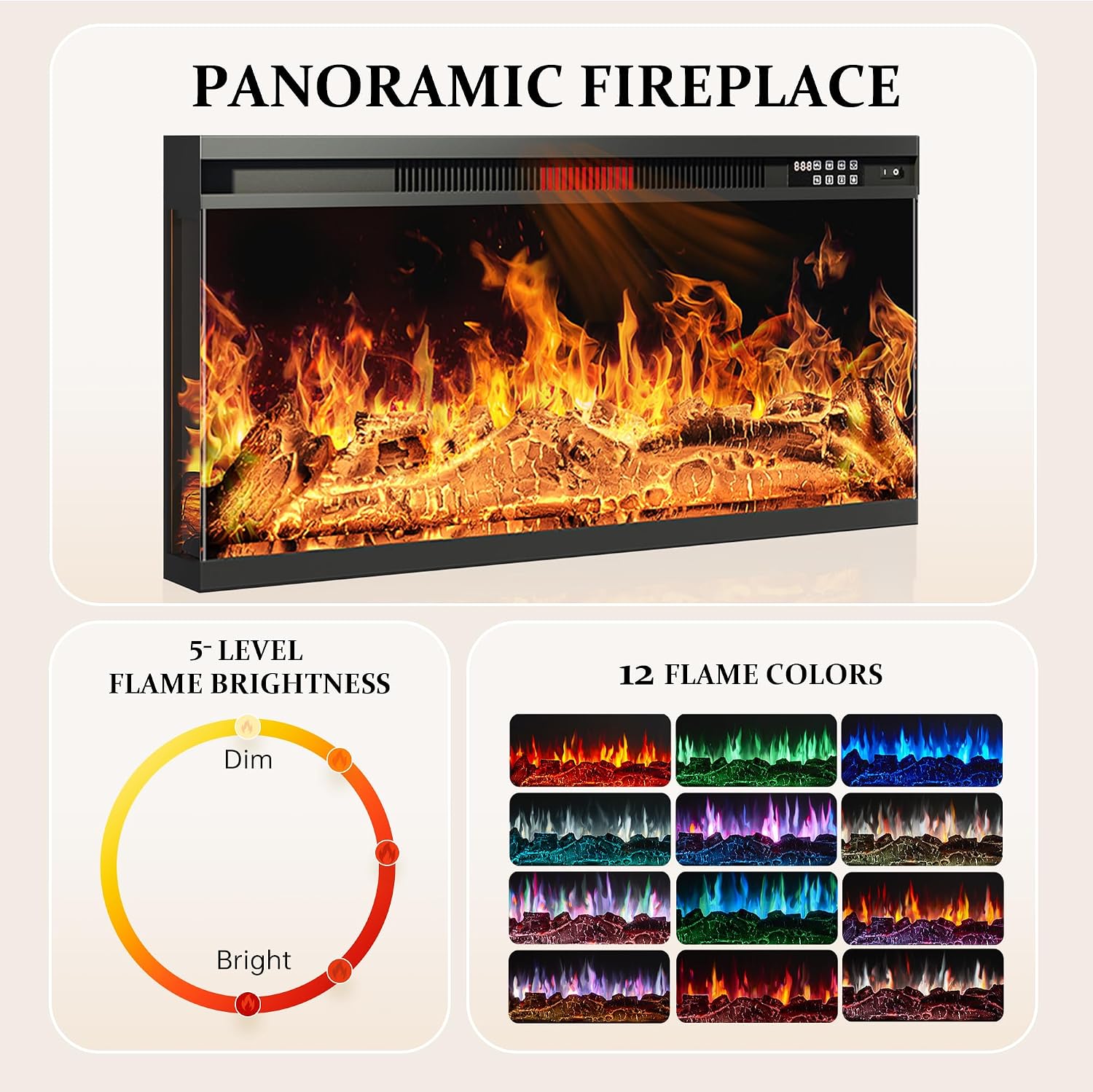 MXV 70'' Fireplace TV Stand, Farmhouse Entertainment Center with 3 Sided Glass TV Stand, Modern Media Console Table with Storage Drawers & Cabinets with LED Flame and Lights for Living Room, Black