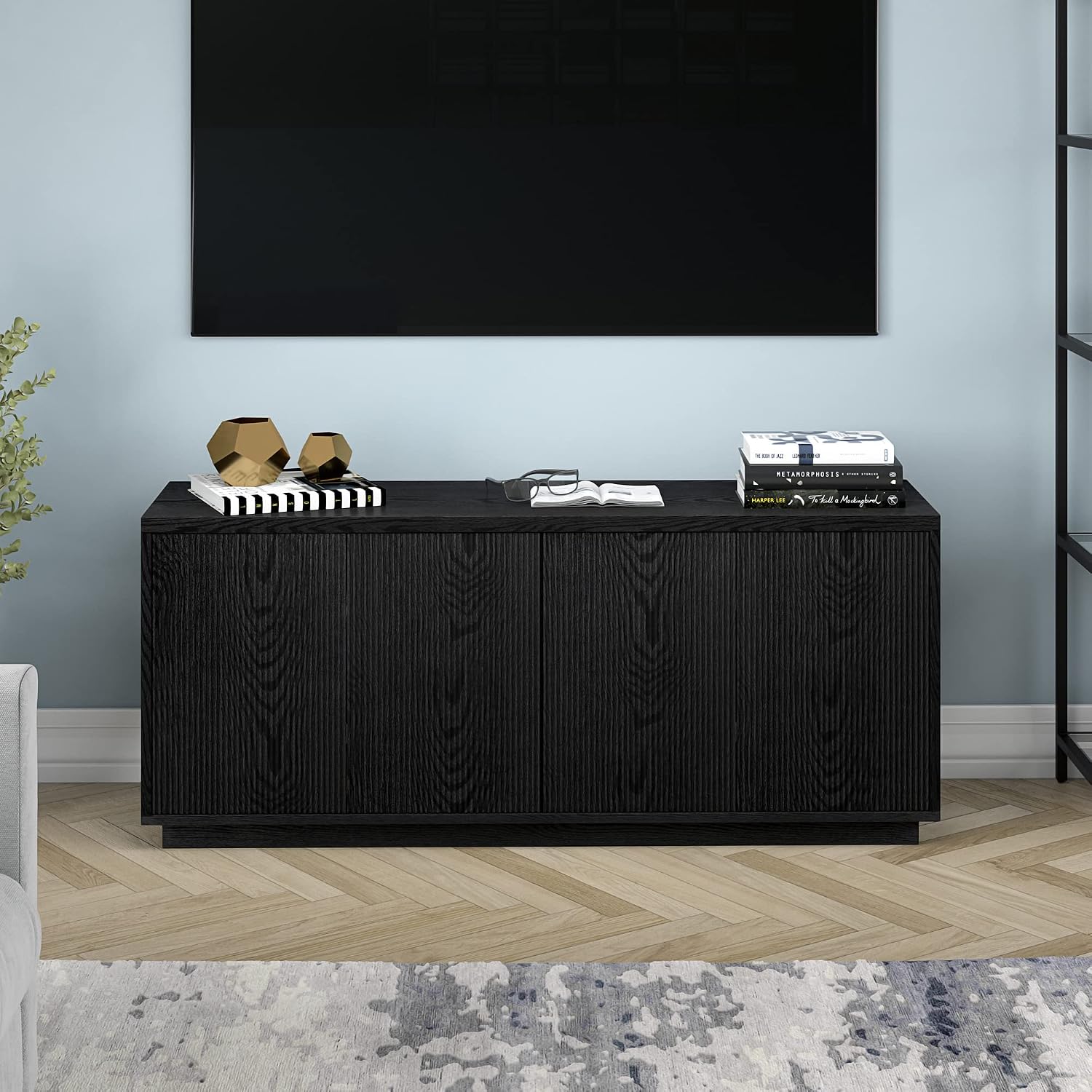 Henn&Hart Hanson, 57' Rectangular TV Stand, Black Grain
