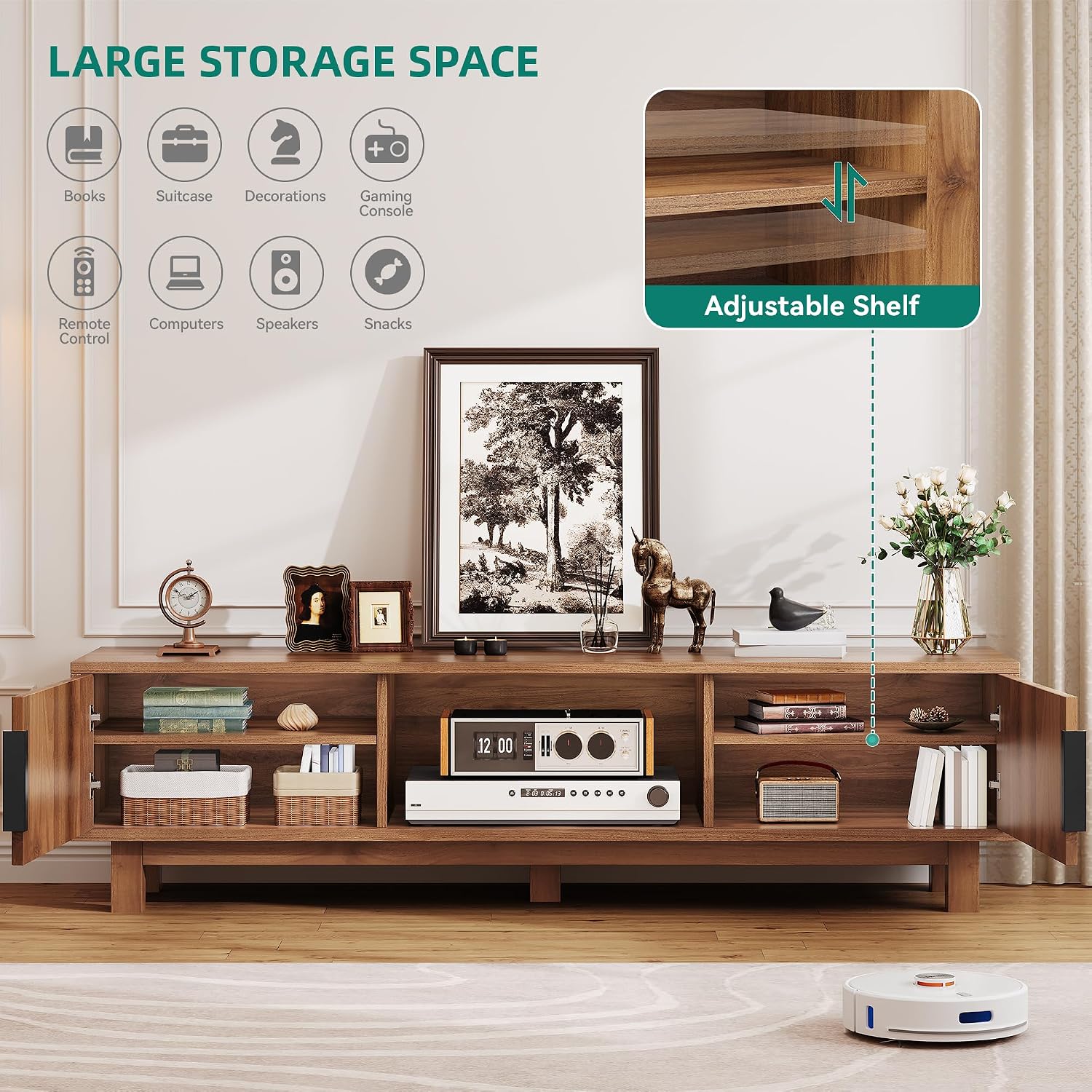 YITAHOME 59' Fluted TV Stand for TVs up to 65', Mid-Century Modern Media Console with Built-in Power Outlets, Adjustable Shelves & Cable Holes, Wooden Entertainment Center for Living Room, Walnut