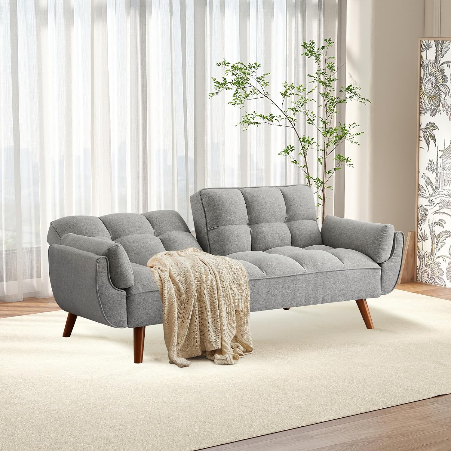 75' Convertible Futon Sofa Bed, Sleeper Couch Bed with Adjustable Backrest, Small Couches for Small Spaces, Living Room, Bedroom and Office (Gray)