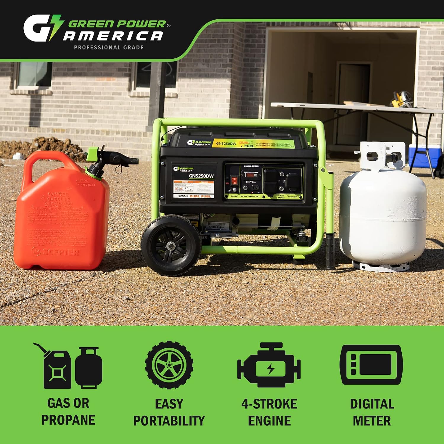 Green-Power America 5250W Dual Fuel Portable Generator - Gas or Propane Powered - Heavy-Duty 223cc Engine - Home Backup & RV Ready - 120V/240V AC Output - 4250 Running Watts