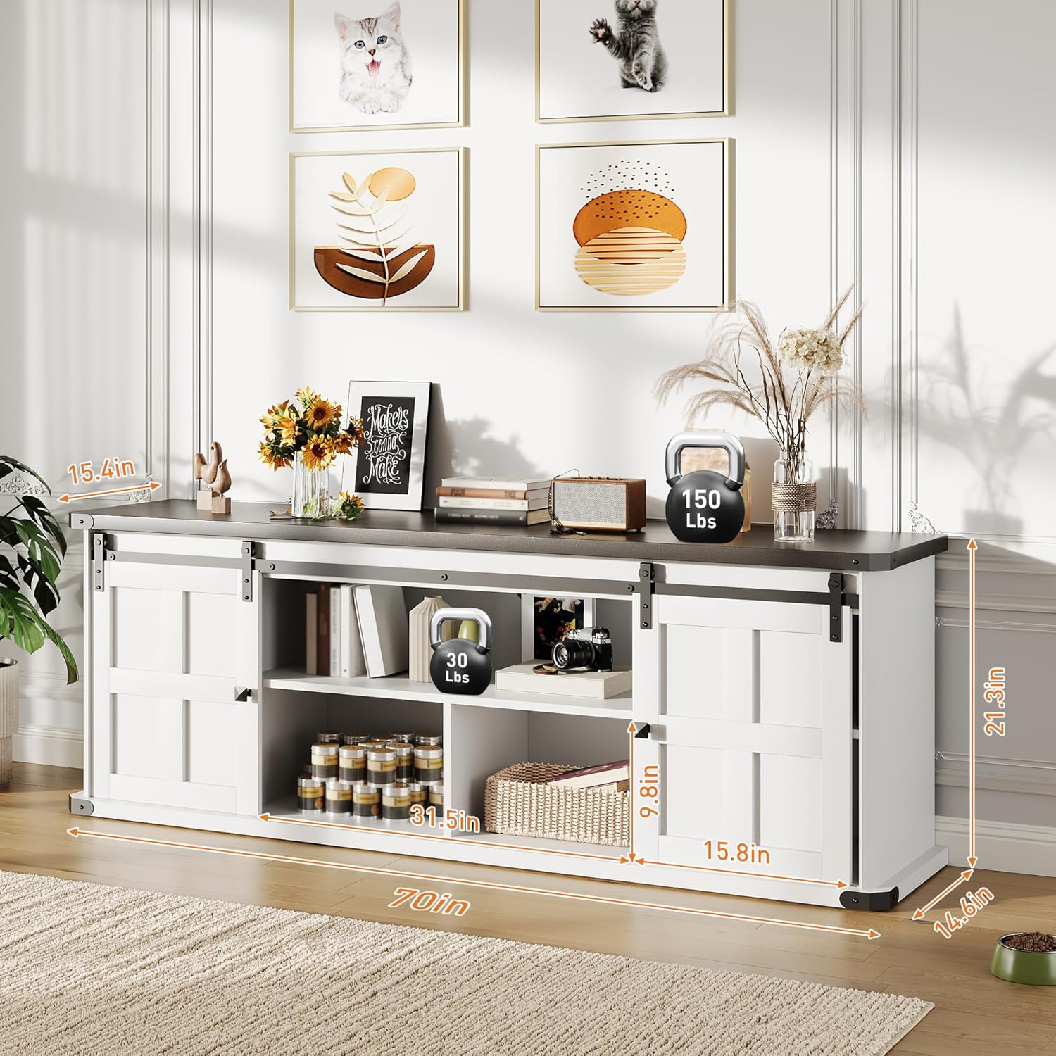 70 in TV Stand for 75 in TVs, Farmhouse Entertainment Center and Media Furniture with Sliding Barn Doors & Storage Cabinets, Mid Century Modern TV Console Table for Living Room Bedroom (white+black)