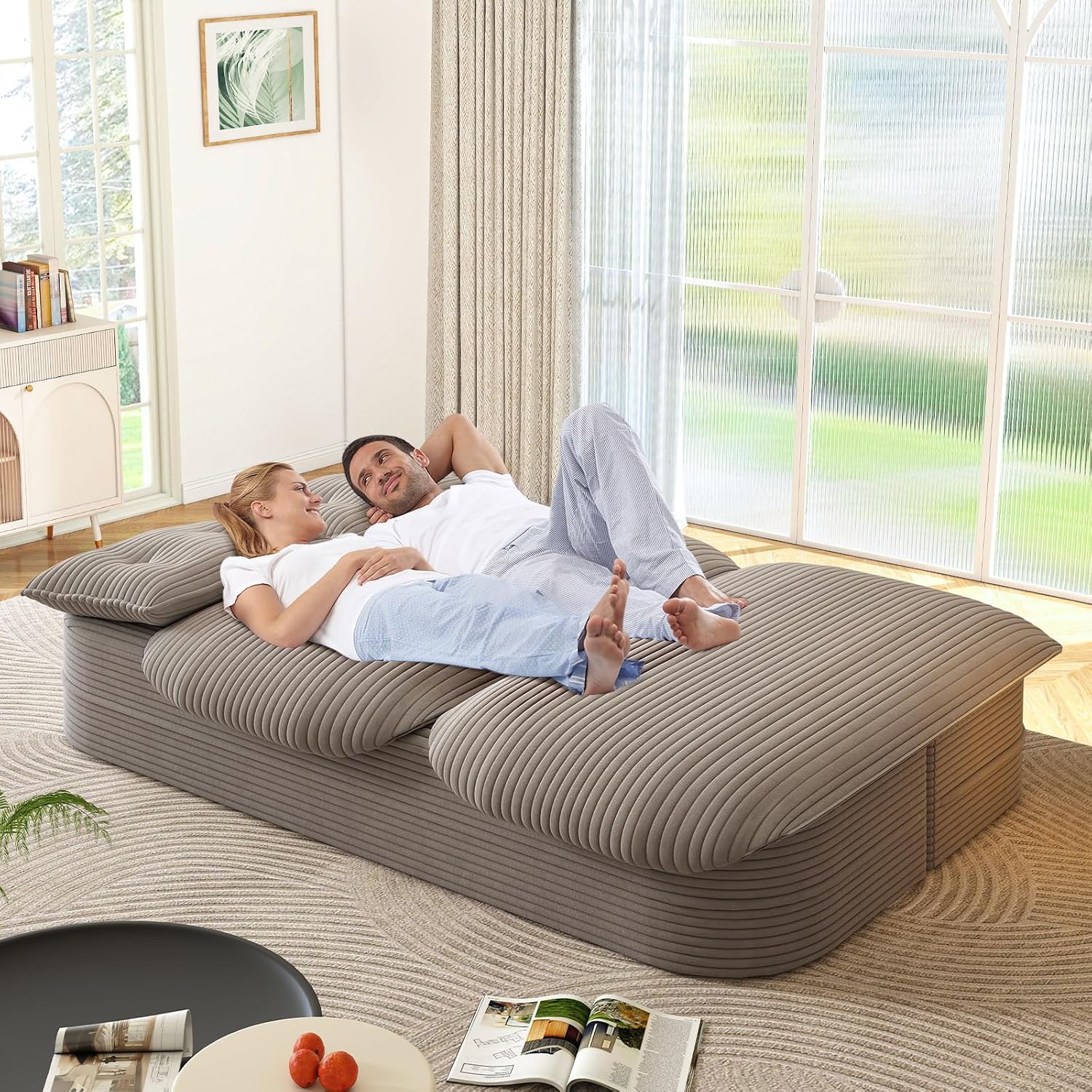 Convertible Sleeper Sofa, Modern 78-inch Folding Futon Corduroy Floor Foam Compression Loveseat Sofa Bed Couch, Foldable Full Size Guest Bed with 2 Pillows for Living Room Bedroom Apartment, Coffee