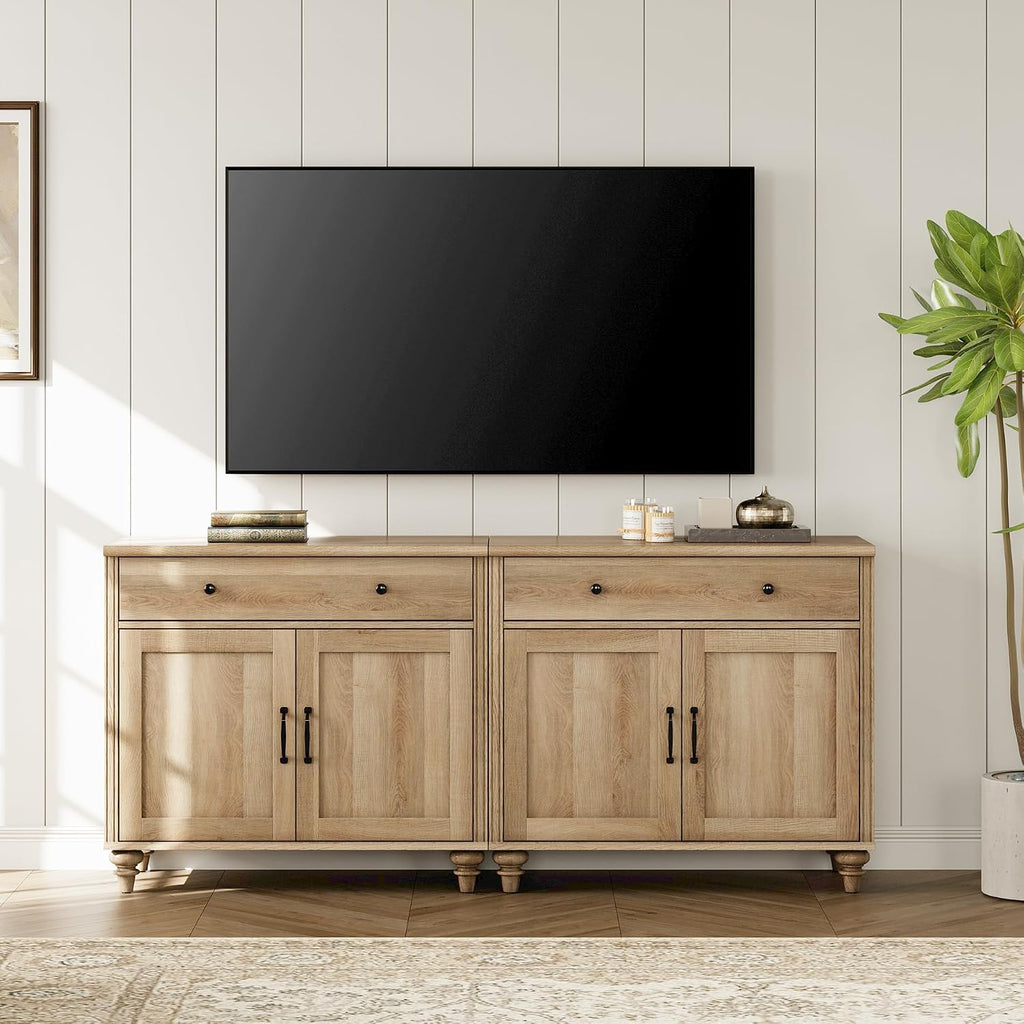 WAMPAT Farmhouse TV Stand for 75 inch TV with 4 Doors and 2 Drawers, Wood Universal TV Stand with Storage Cabinets, Oak Entertainment Center TV Console Table for Living Room, Bedroom
