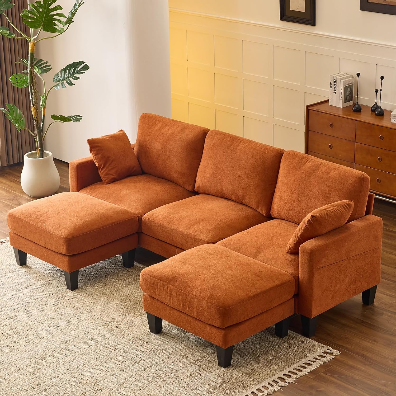 VINGLI 100' W U Shaped Couch with Ottoman, 22' Deep Seat Comfortable Sectional Couches for Living Room, 3 Seater Chenille Fabric Cloud Sofa for Apartment, Small Spaces, Bedroom, Orange