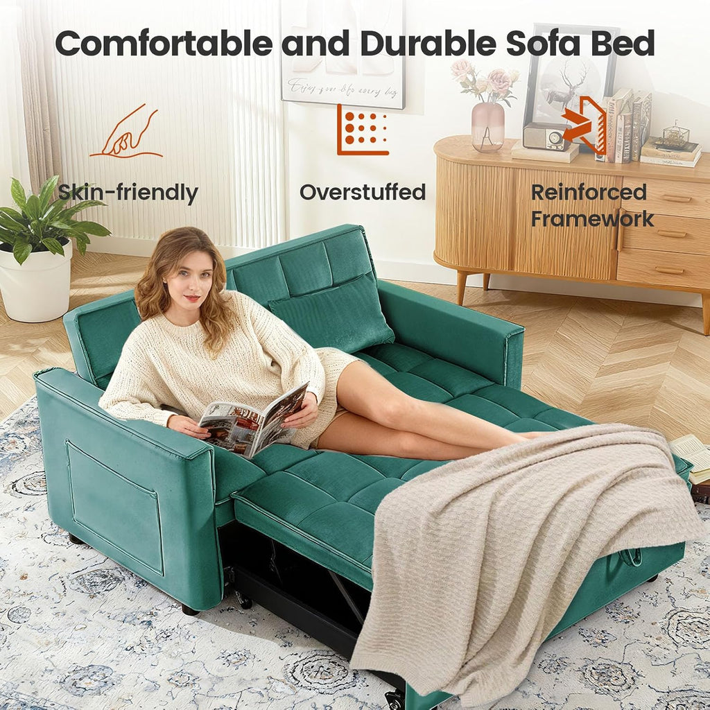 Convertible Sofa Bed, Pull Out Couch with Side Pockets, 3 in 1 Velvet Fabric Loveseat Sleeper Sofa Bed with Adjustable Backrest for Living Room, Bedroom, Apartment, Green