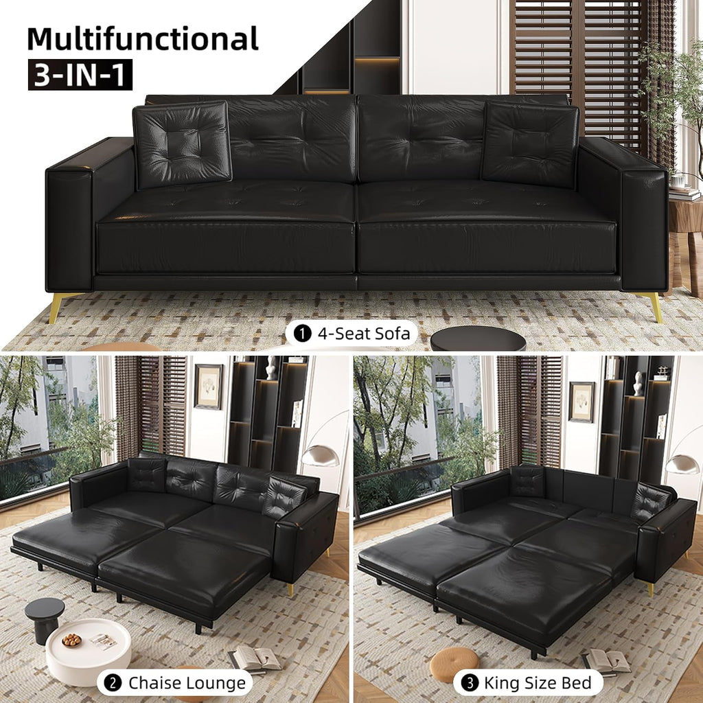 92.1'' King Pull out Sofa Bed, Convertible Futon Couch, 3-in-1 Faux Leather Sleeper Sofa with Tufted Back, 2 Pillows, Gold Legs, Deep Folding Loveseat Couches for Living Room, Apartment, Black