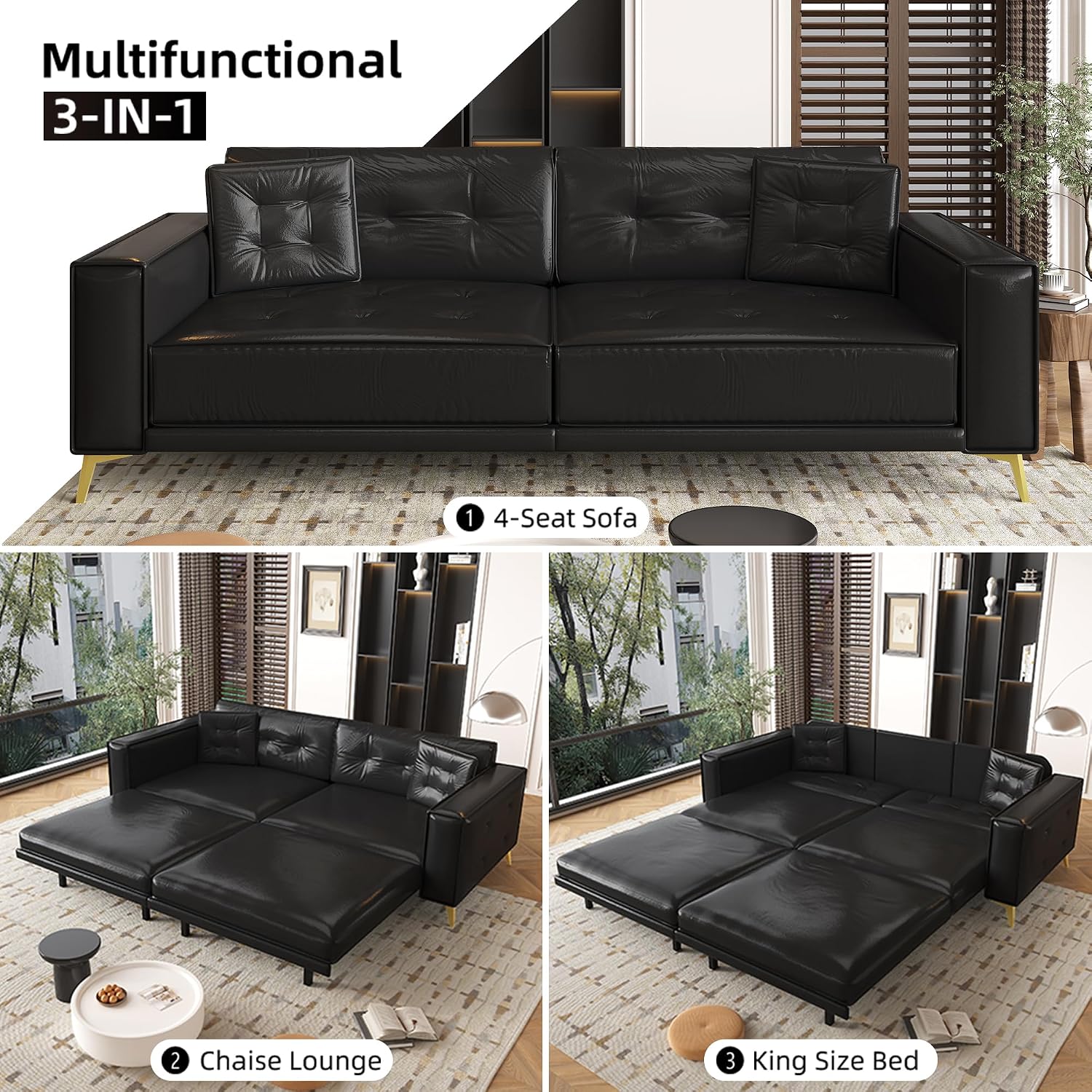 92.1'' King Pull out Sofa Bed, Convertible Futon Couch, 3-in-1 Faux Leather Sleeper Sofa with Tufted Back, 2 Pillows, Gold Legs, Deep Folding Loveseat Couches for Living Room, Apartment, Black