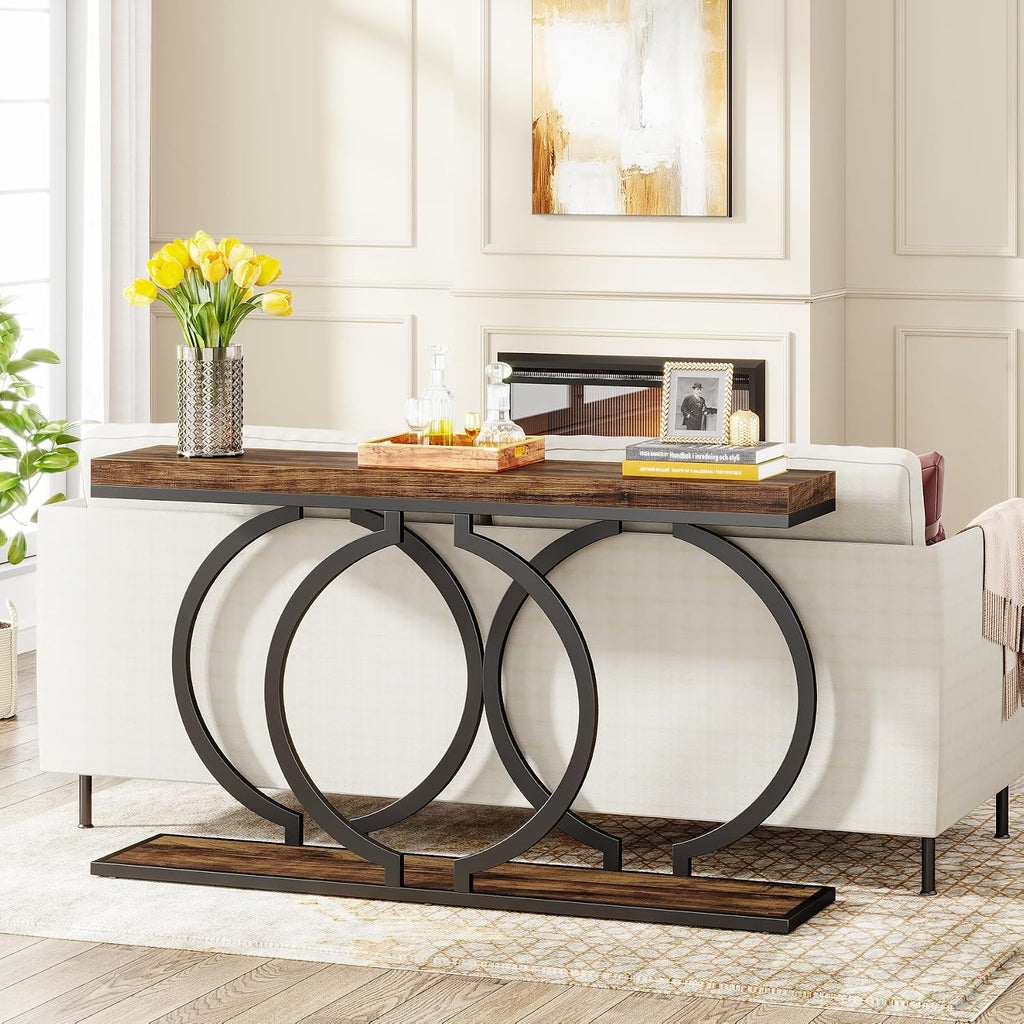 Tribesigns Industrial Console Table, 55 inch Rustic Entryway Table with Geometric Metal Frame, Narrow Wood Accent Sofa Table for Living Room, Entrance, Hallway, Rustic Brown