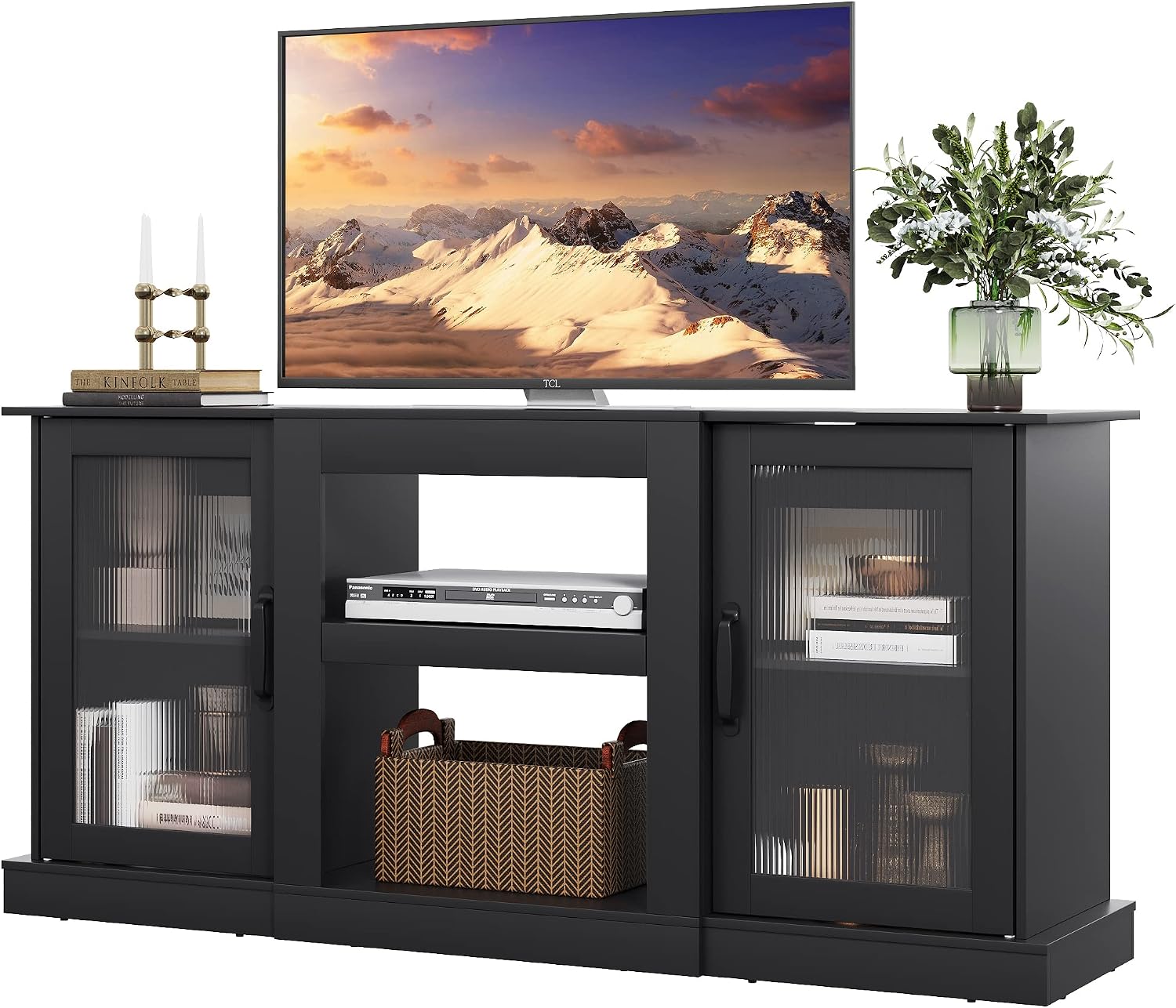 WLIVE Farmhouse TV Stand for 65 inch TV, 58' Entertainment Center with Storage Cabinets, Open Shelves TV Console for Living Room and Bedroom, Black
