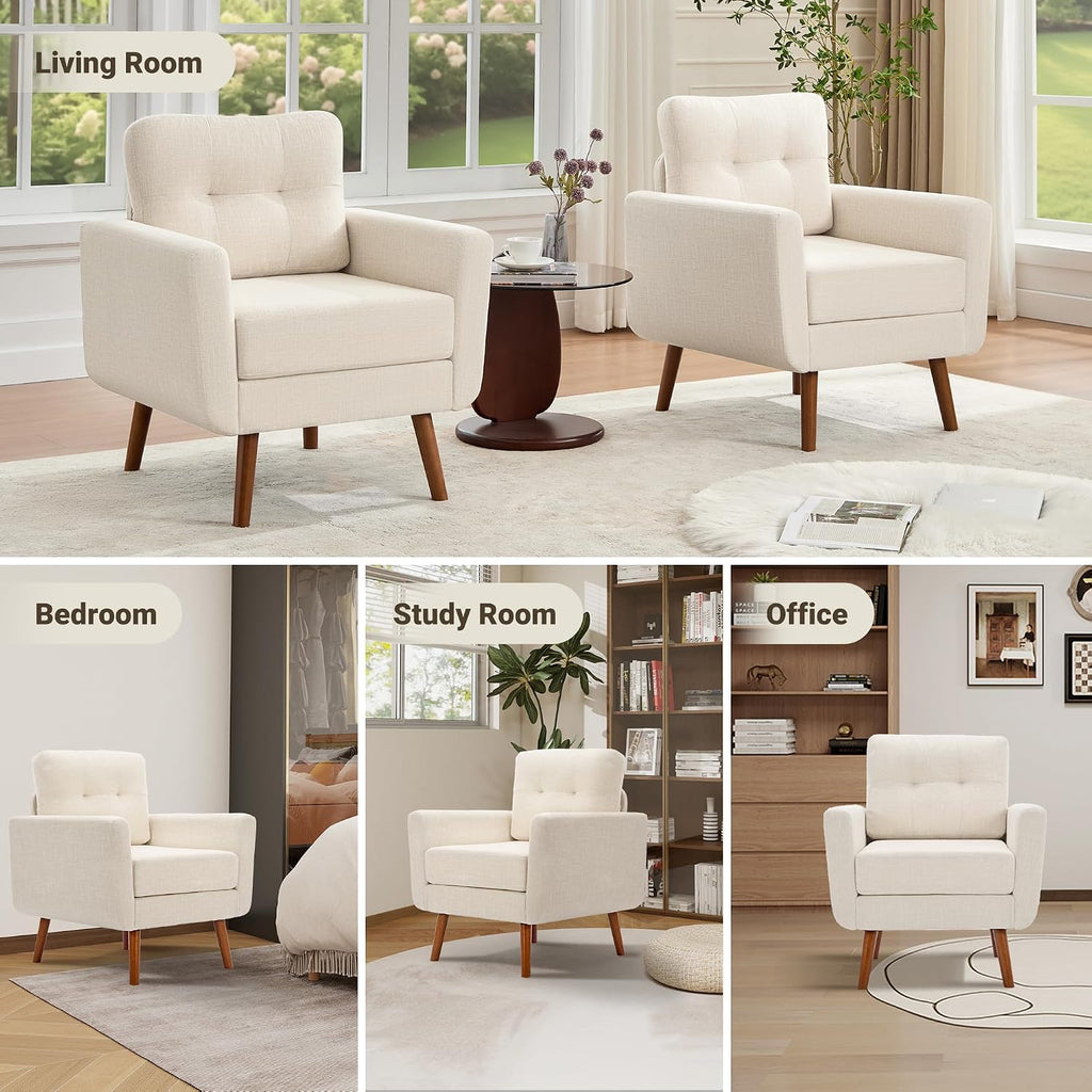 Tbfit Linen Fabric Single Sofa, Accent Chair, Mid Century Modern Armchair for Living Room, Bedroom Button Tufted Upholstered Comfy Reading Sofas, Beige