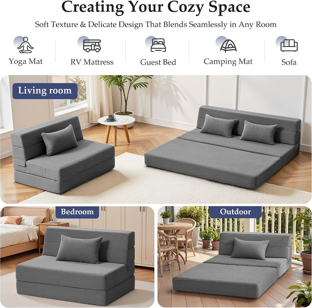 Youzi Folding Sofa Bed Convertible Sleeper Chair with Pillow, 4-in-1 Foldable Mattress Futon Couch Bed to Lounge Chair for Living Room, Bedroom, Dorm & Guest, Washable Cover, Dark Gray, Twin