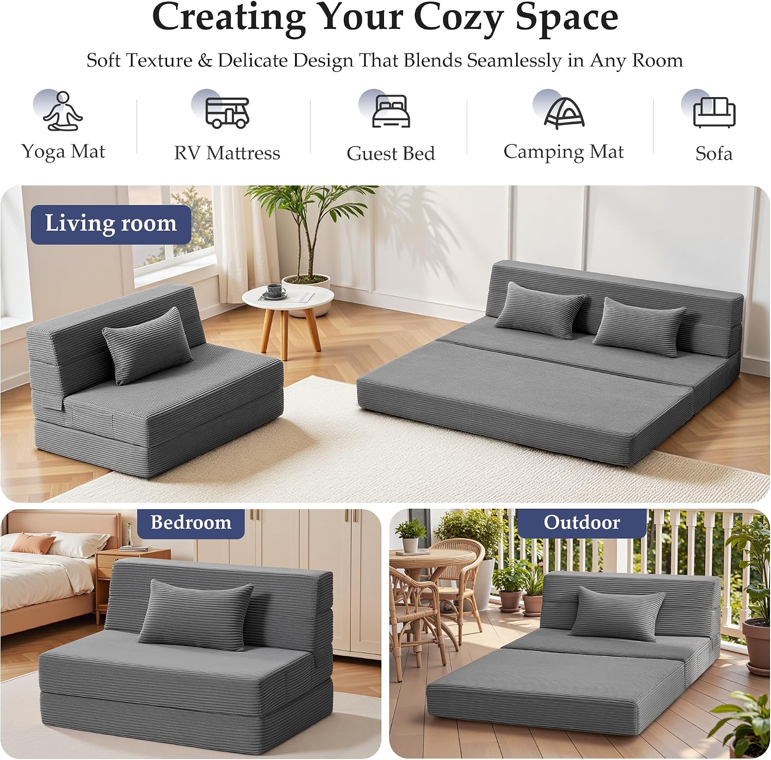 Youzi Folding Sofa Bed Convertible Sleeper Chair with Pillow, 4-in-1 Foldable Mattress Futon Couch Bed to Lounge Chair for Living Room, Bedroom, Dorm & Guest, Washable Cover, Dark Gray, Twin
