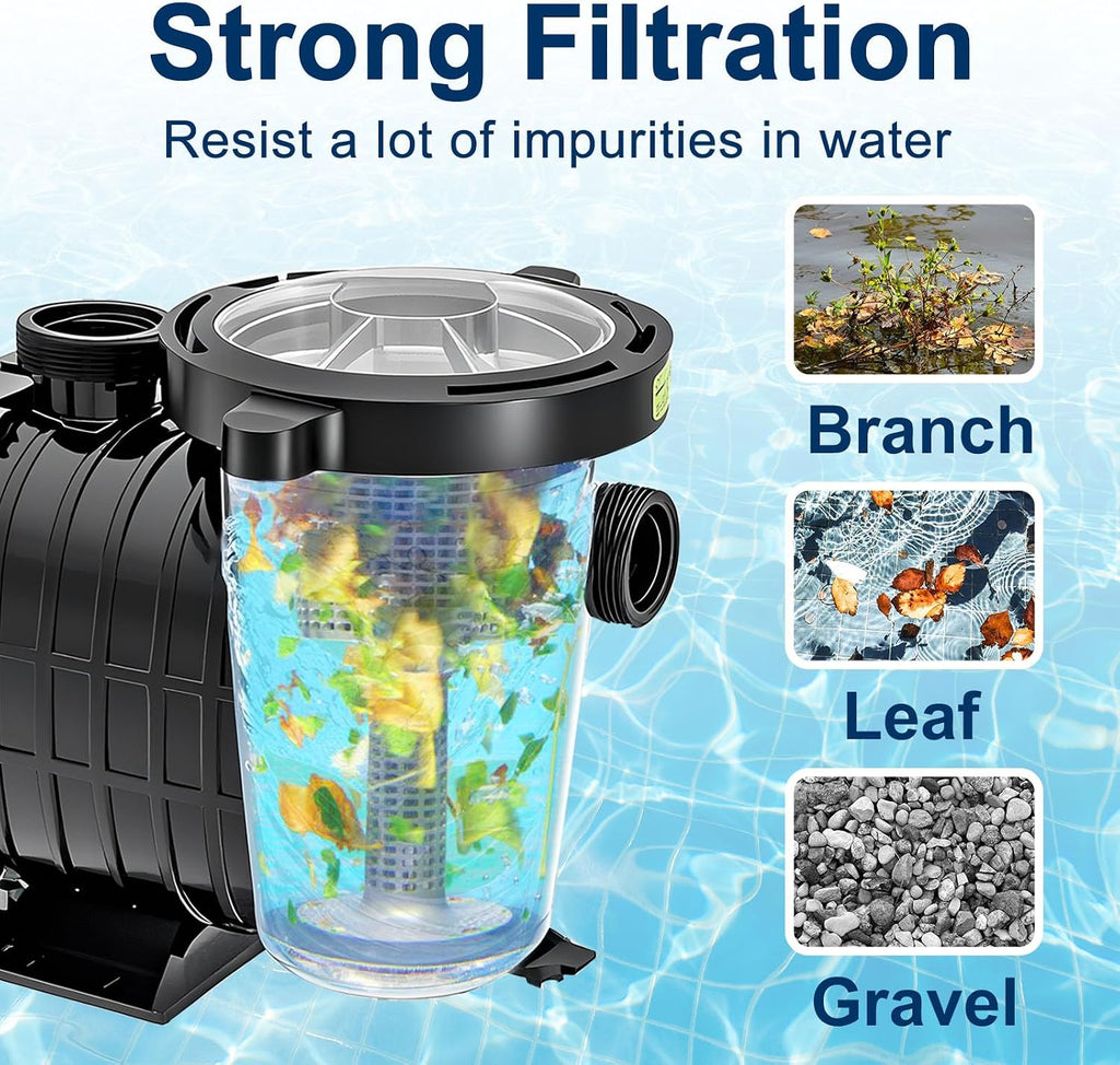 Pool Pump Above Ground/Inground 1.5HP 115V Powerful Copper Motor Self Primming 6600 GPH Powerful Selfpriming/with Strainer Basket,Includes Pipe Fittings