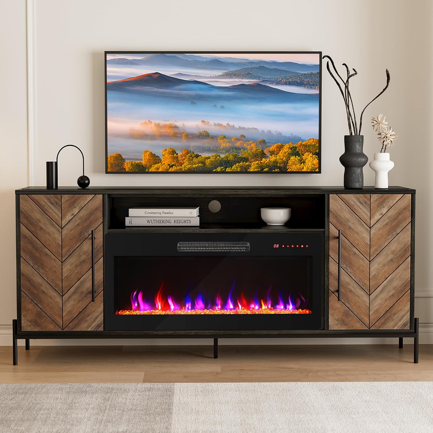 BELLEZE 68' TV Stand with 36' Electric Fireplace Heater, Entertainment Center with Storage Cabinet, Console Table for TVs up to 75' for Living Room, Bedroom - Harper (Black Ebony)