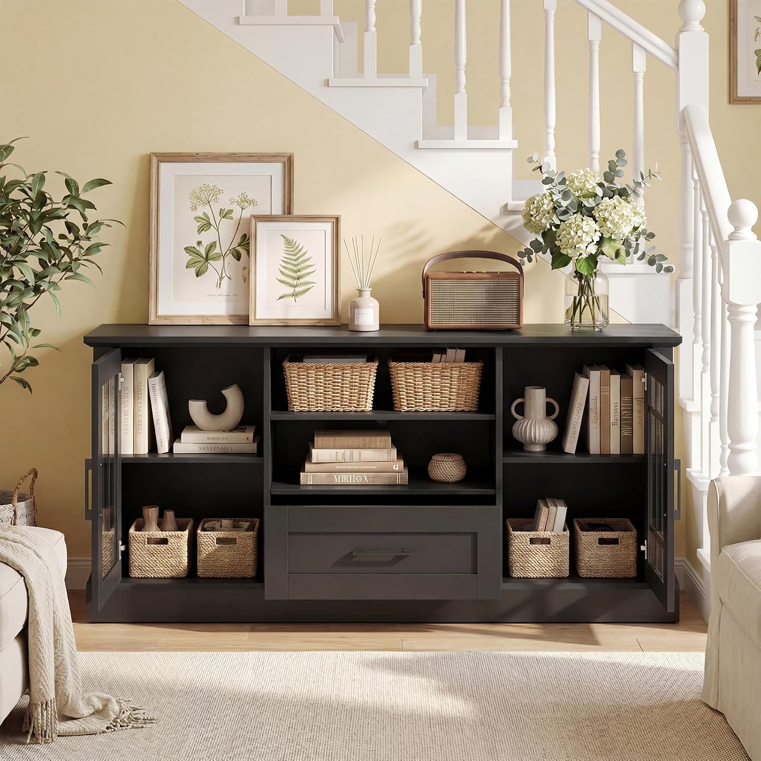Giantex Farmhouse TV Stand for 65/70 Inch TV, Tall Entertainment Center with Storage Cabinets, Glass Doors, Drawer, Removable Shelves, Media TV Console Table for Living Room, Bedroom (Black)