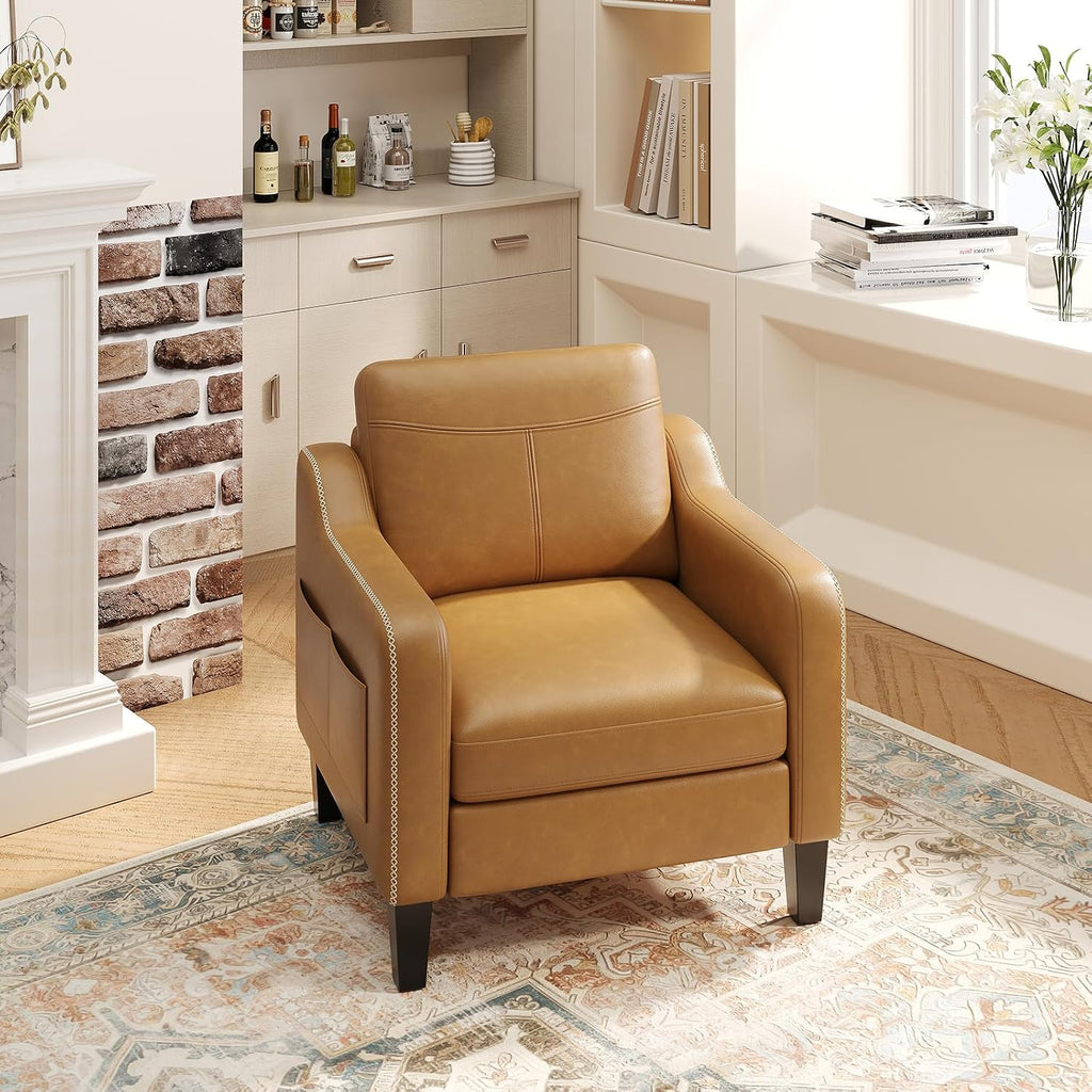 MALOL PU Leather Accent Chair, Mid-Century Modern Living Room Armchair Sofa with Removable Cushions, Solid Wood Frame & Stitched Armrest Design, Bedroom Chair with Plastic Legs, Brown