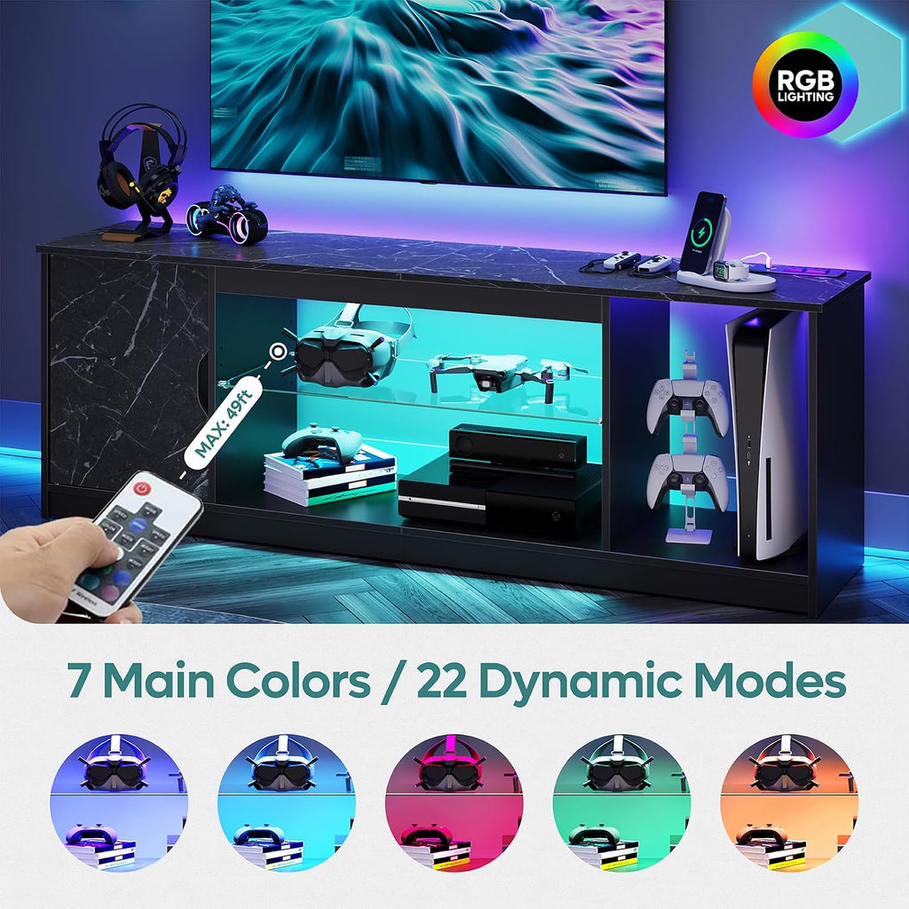 Bestier TV Stand with Power Outlets for Bedroom, Gaming TV Stand for 65inch TV, Black Entertainment Center for PS5, TV Console with Adjustable Glass Shelves for Living Room, Black Marble