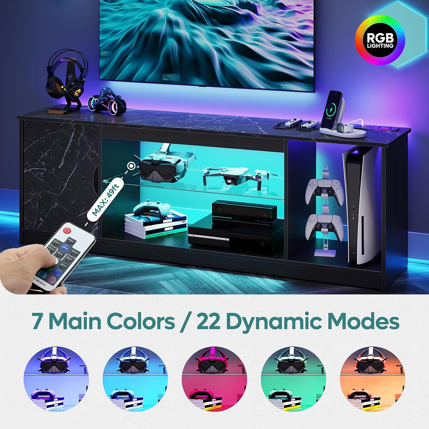 Bestier TV Stand with Power Outlets for Bedroom, Gaming TV Stand for 65inch TV, Black Entertainment Center for PS5, TV Console with Adjustable Glass Shelves for Living Room, Black Marble