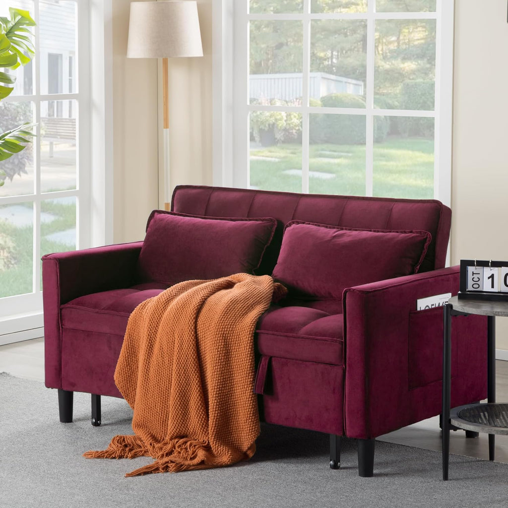 3 in 1 Convertible Sofa Bed, Loveseat Sleeper Sofa with Large Side Pockets, Pull Out Couch with Adjustable Backrest, Easy Assembly, Velvet Couch Bed for Small Spaces, Apartment, Fuchsia
