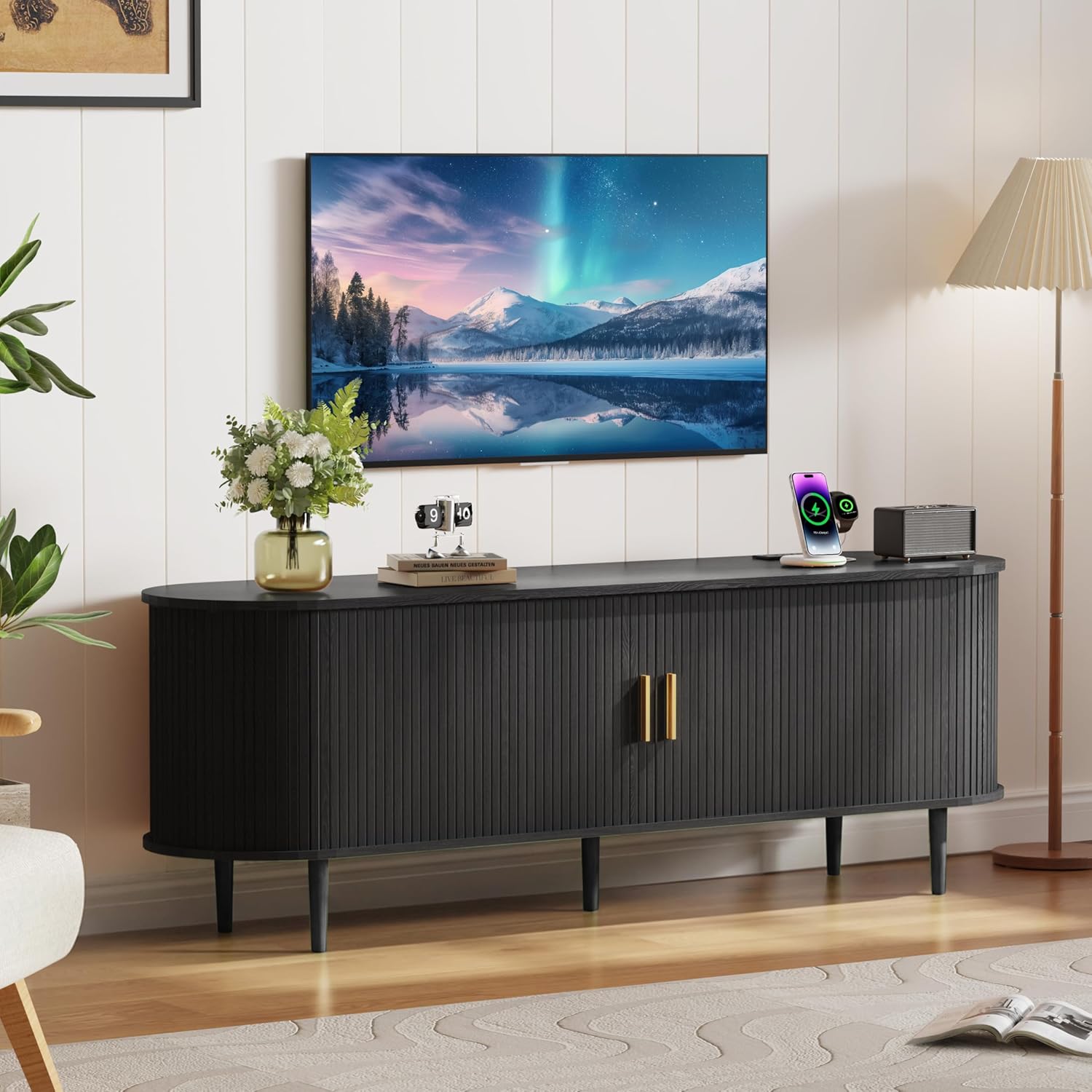 DHH 63 Inch Mid Century Modern TV Stand with Power Outlet for TVs up to 70 Inch, Entertainment Center with Storage and Adjustable Shelves, Media Console with Sliding Doors for Living Room(Black)