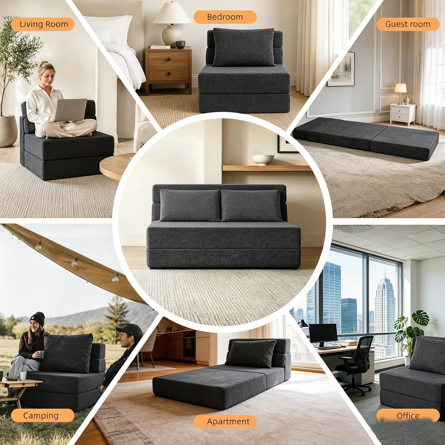 Folding Sofa Bed, Convertible Sleeper Chair with Pillow, Loveseat Fold Out Chair Bed, Memory Foam Floor Couch Mattress, Foldable Futon Couch Lounge for Living Room Guest Room (Grey, Twin)