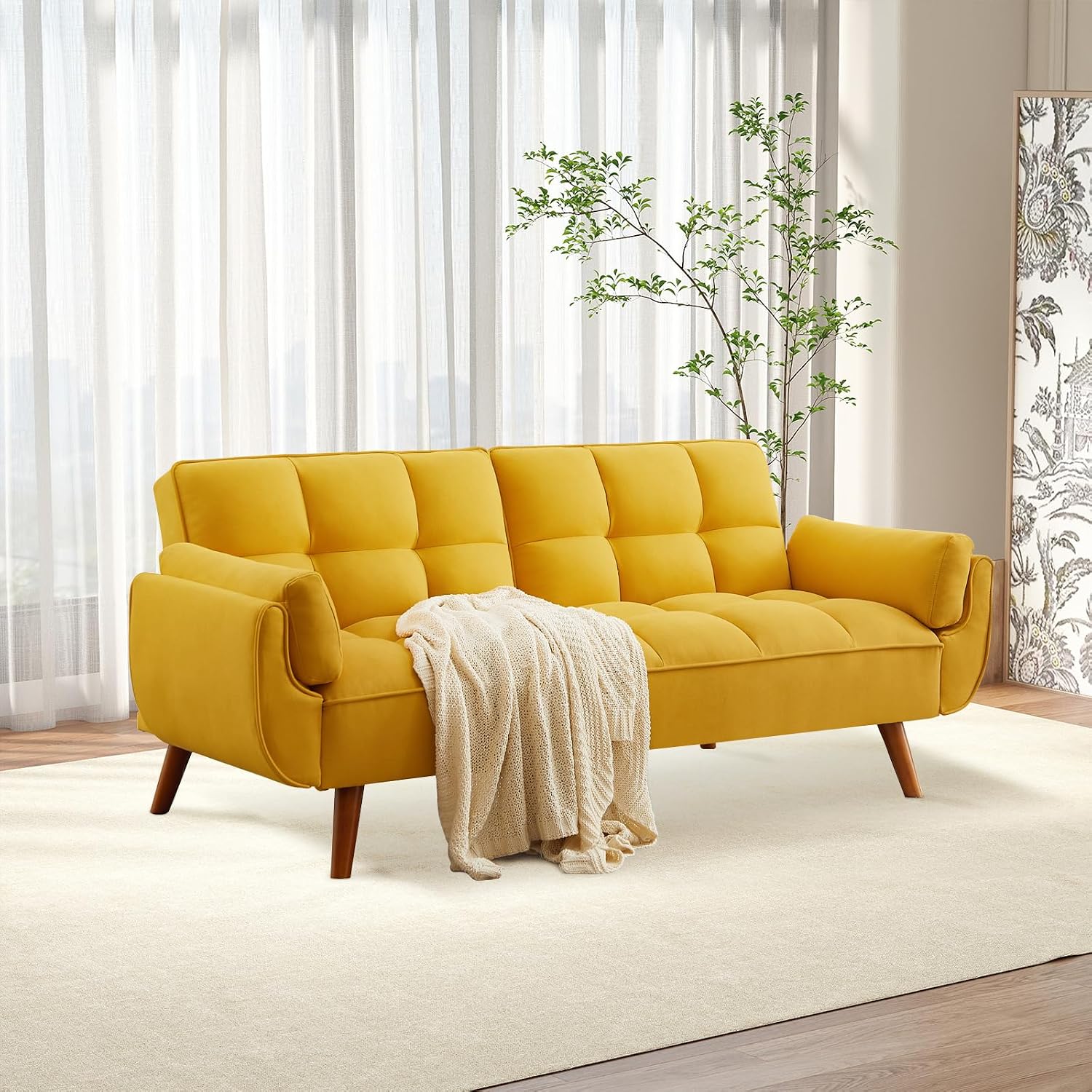75' Convertible Futon Sofa Bed, Sleeper Couch Bed with Adjustable Backrest, Small Couches for Small Spaces, Living Room, Bedroom and Office (Yello)