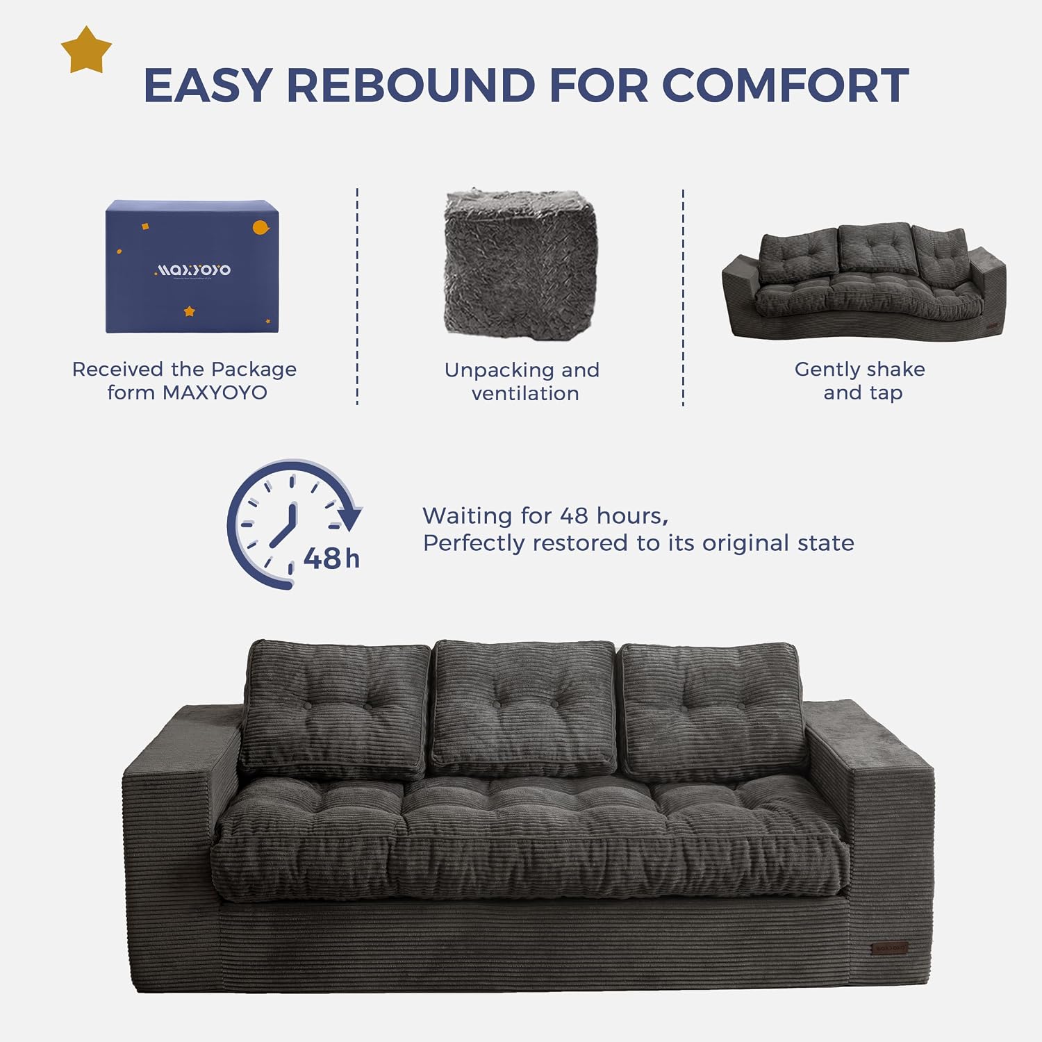 MAXYOYO 3 Seater Couch for Living Room, Boneless Couch with Tufted Cushion & Backrest, Upholstered Floor Sofa, Sofa in A Box, Dark Grey