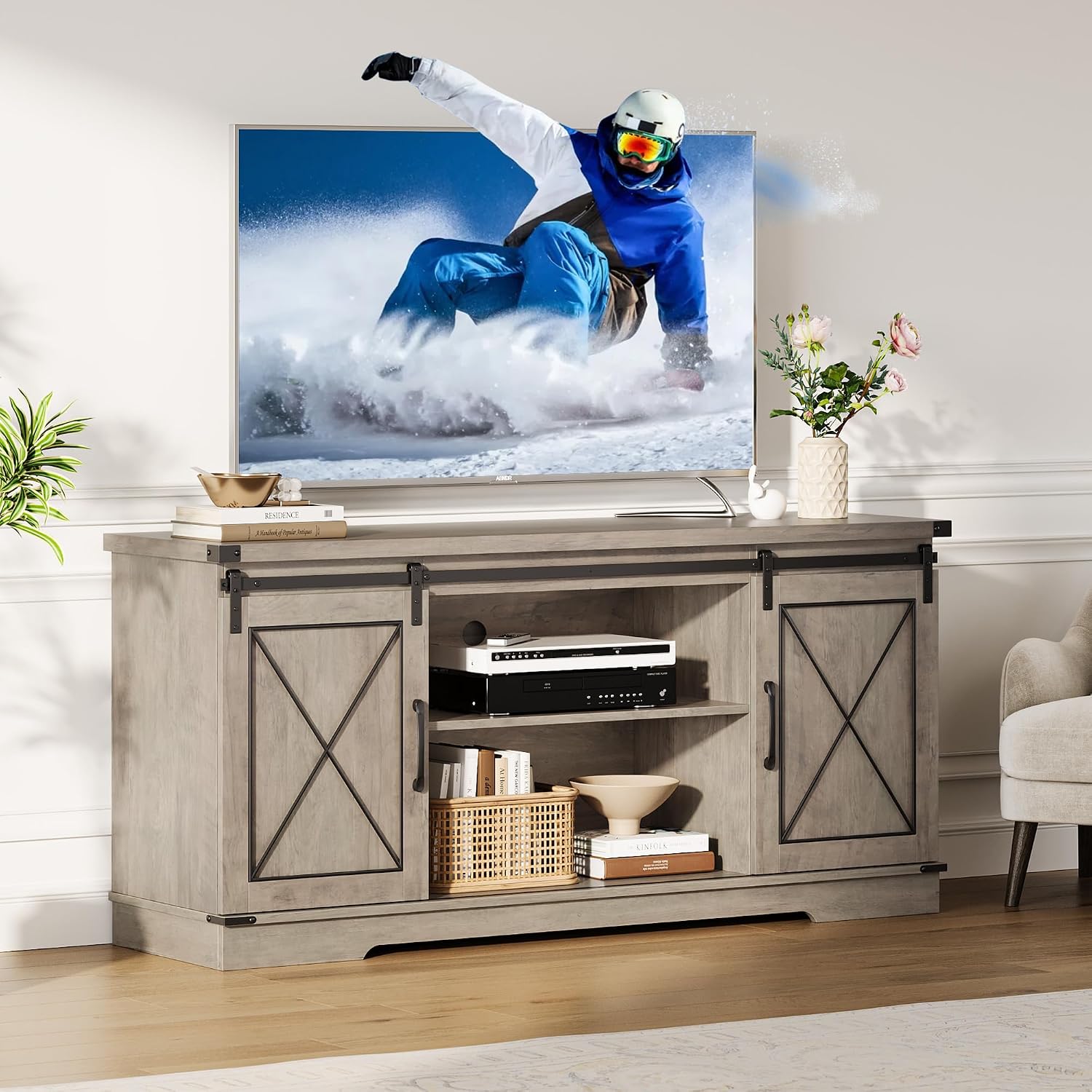 IDEALHOUSE Farmhouse TV Stand and Entertainment Center for Tv up to 65 inches with Sliding Barn Doors and Adjustable Shelf, Tv Media Console Table with Storage Cabinet for Living Room, Grey