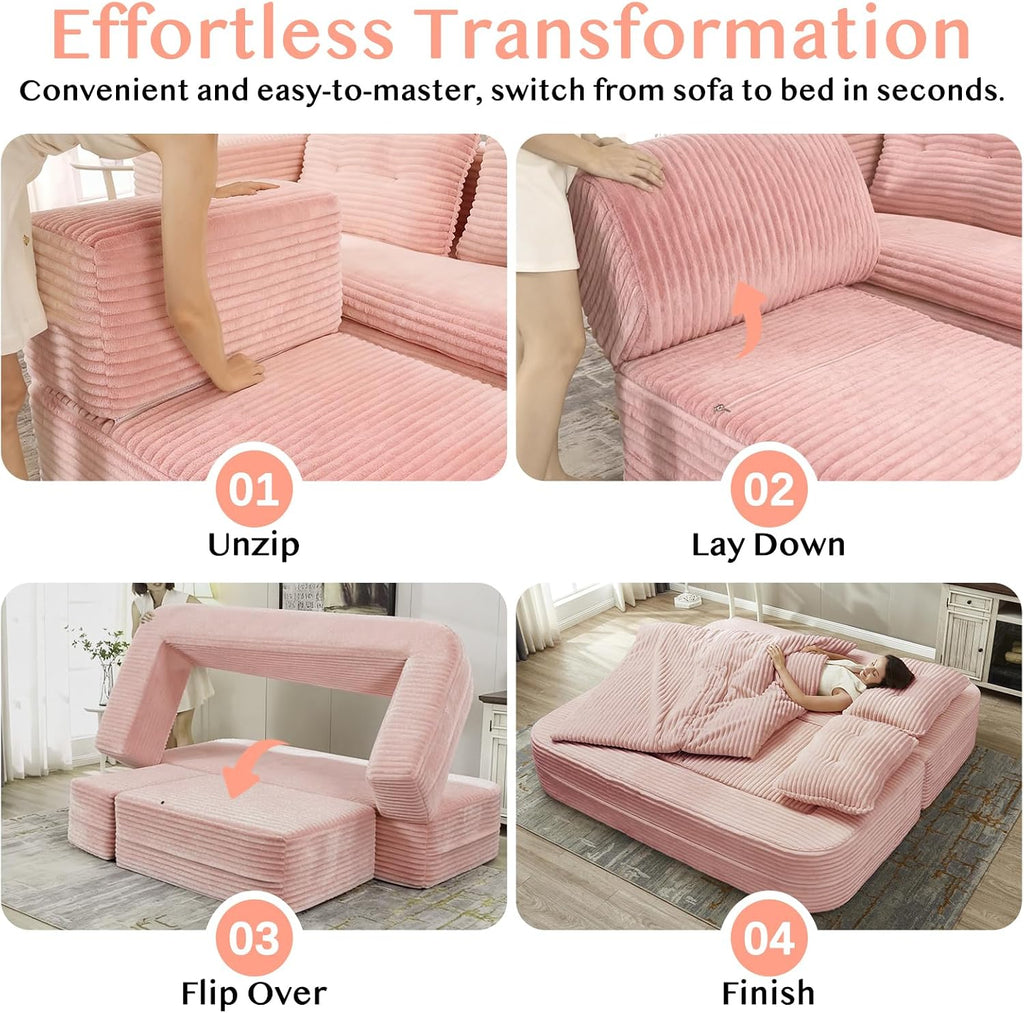80'' Futon Sofa Bed, King Size Foldable Sleeper Sofa, Corduroy Boneless Loveseat Couch with Chaise Lounge, 3 Pillows, Blanket, Upholstered Sectional Couches for Living Room,Bedroom, Baby Pink