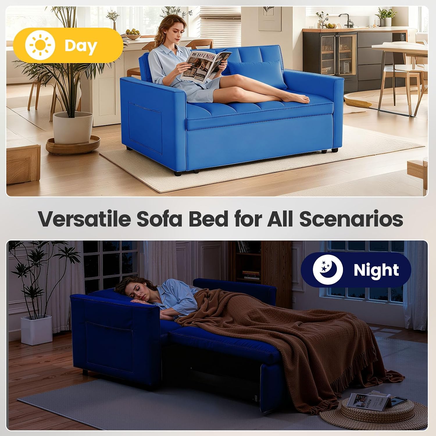 Convertible Sofa Bed, Pull Out Couch with Side Pockets, 3 in 1 Velvet Fabric Loveseat Sleeper Sofa Bed, Pull Out Couch with Adjustable Backrest for Living Room, Bedroom, Apartment, Blue