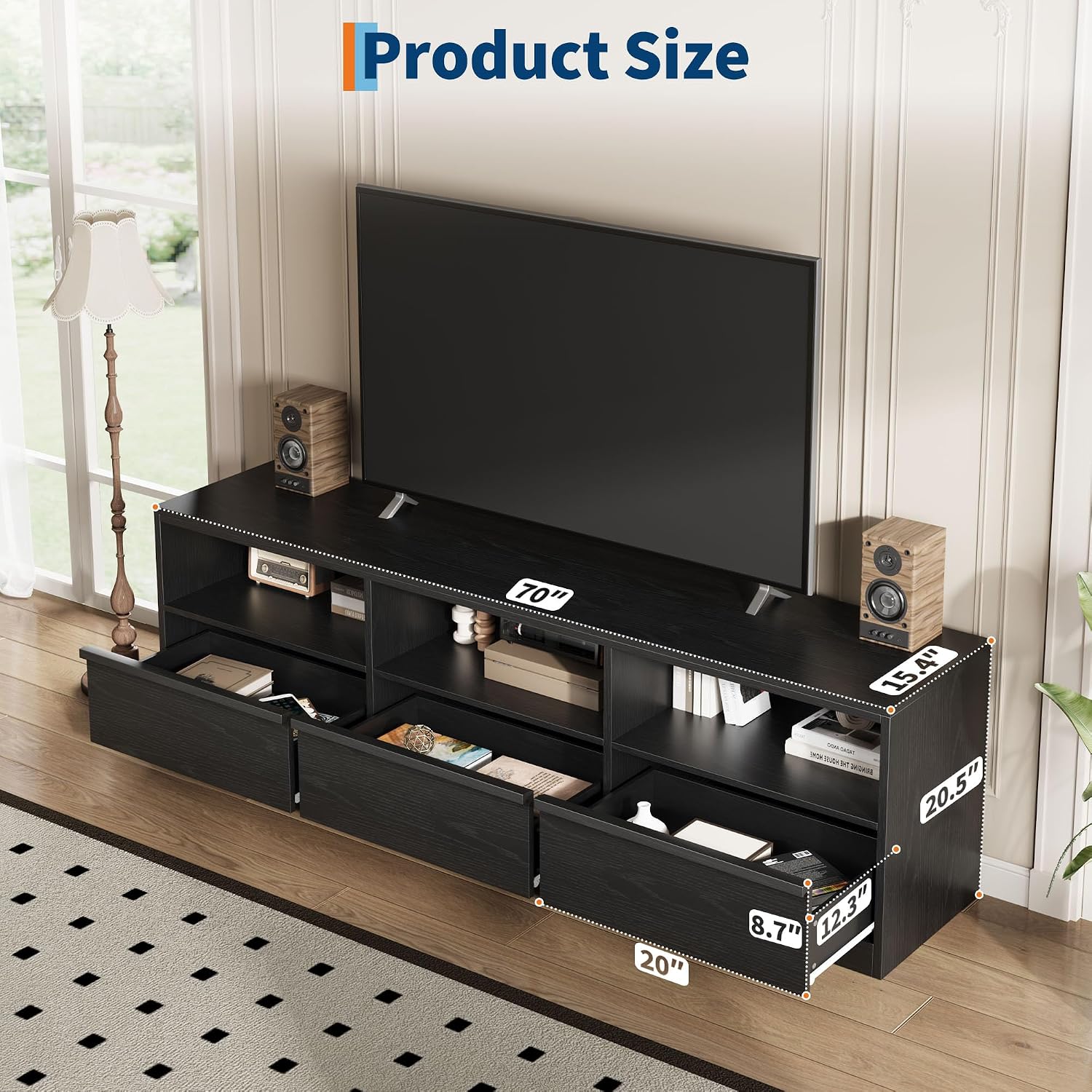 IDEALHOUSE 70 inch TV Stand for 80' TVs, Mid Century Modern Entertainment Center with Storage Drawer & Open Shelves, Wood Media Console Cabinet for Living Room/Bedroom, Black