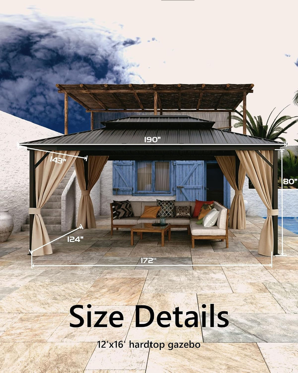 GarveeLife Hardtop Gazebo 12 ft x16 ft for All Weather, with Double Metal Roof, Aluminum Alloy Frame, Net, and Curtain, Permanent Building for Patio, Deck, Backyard, Lawn, and Garden