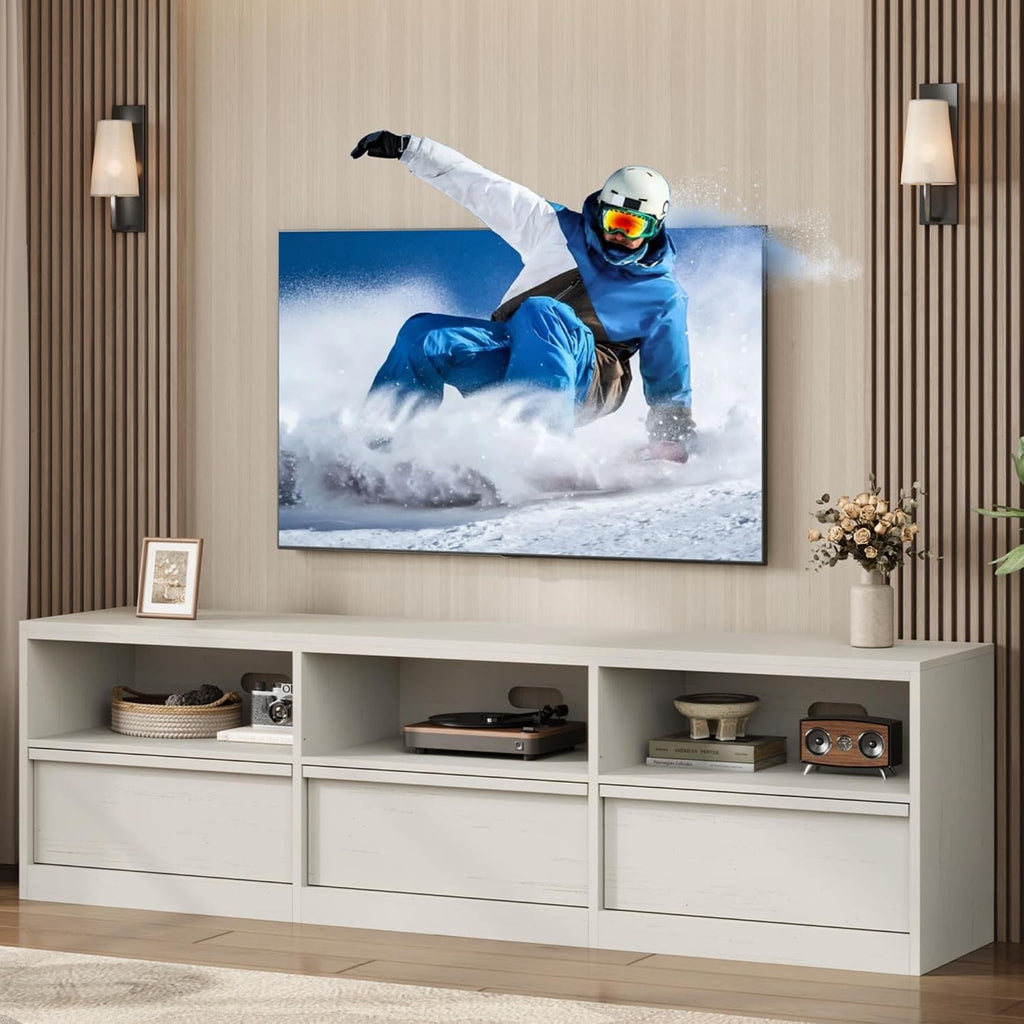 IDEALHOUSE 70 inch TV Stand for 80' TVs, Mid Century Modern Entertainment Center with Storage Drawer & Open Shelves, Wood Media Console Cabinet for Living Room/Bedroom, White